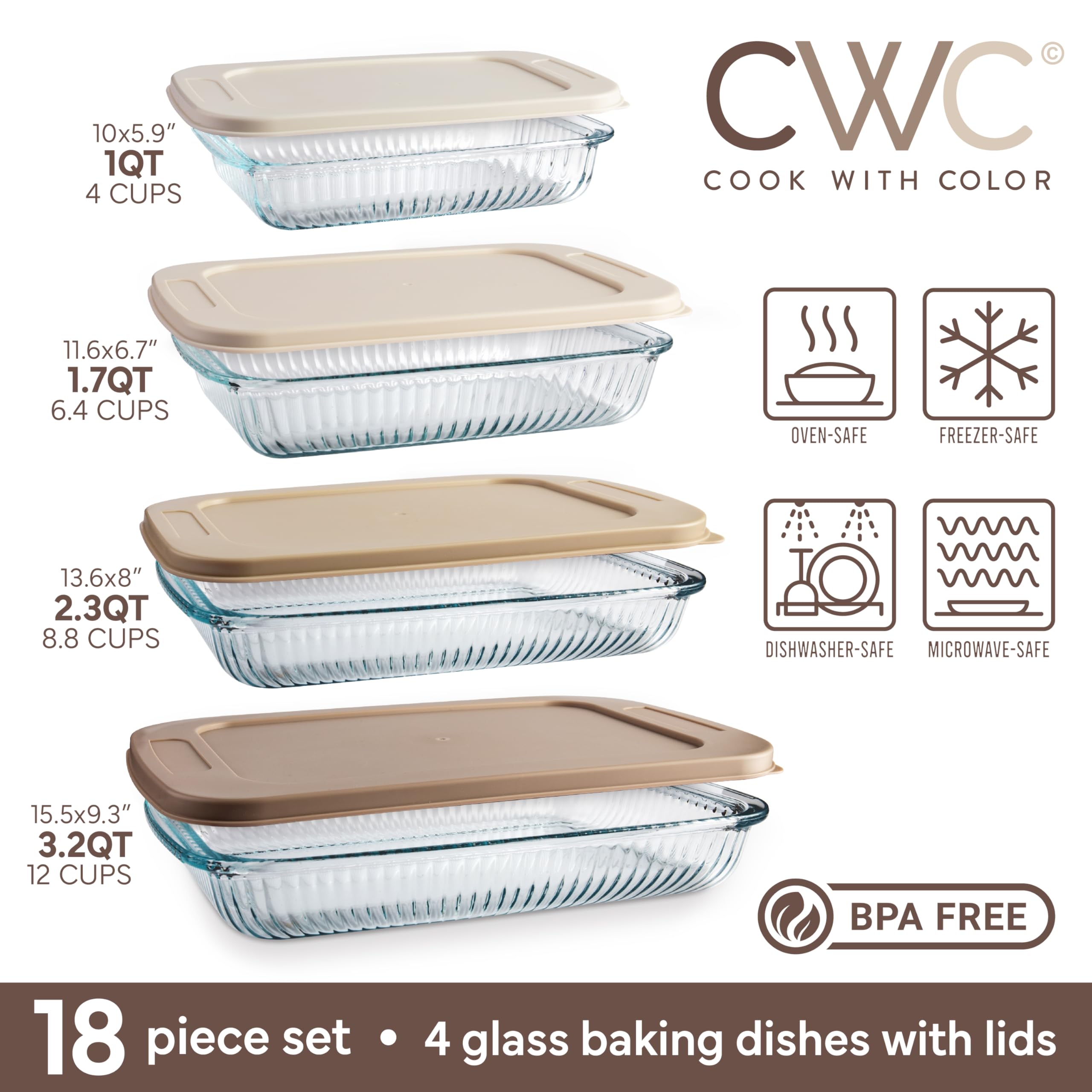 COOK WITH COLOR Glas-Backformen-Set mit Deckel, tiefe Auflaufform, Lebensmittelbehälter, ofen-, gefrier- und mikrowellengeeignet, transparenter Behälter, Braun, 8-teilig