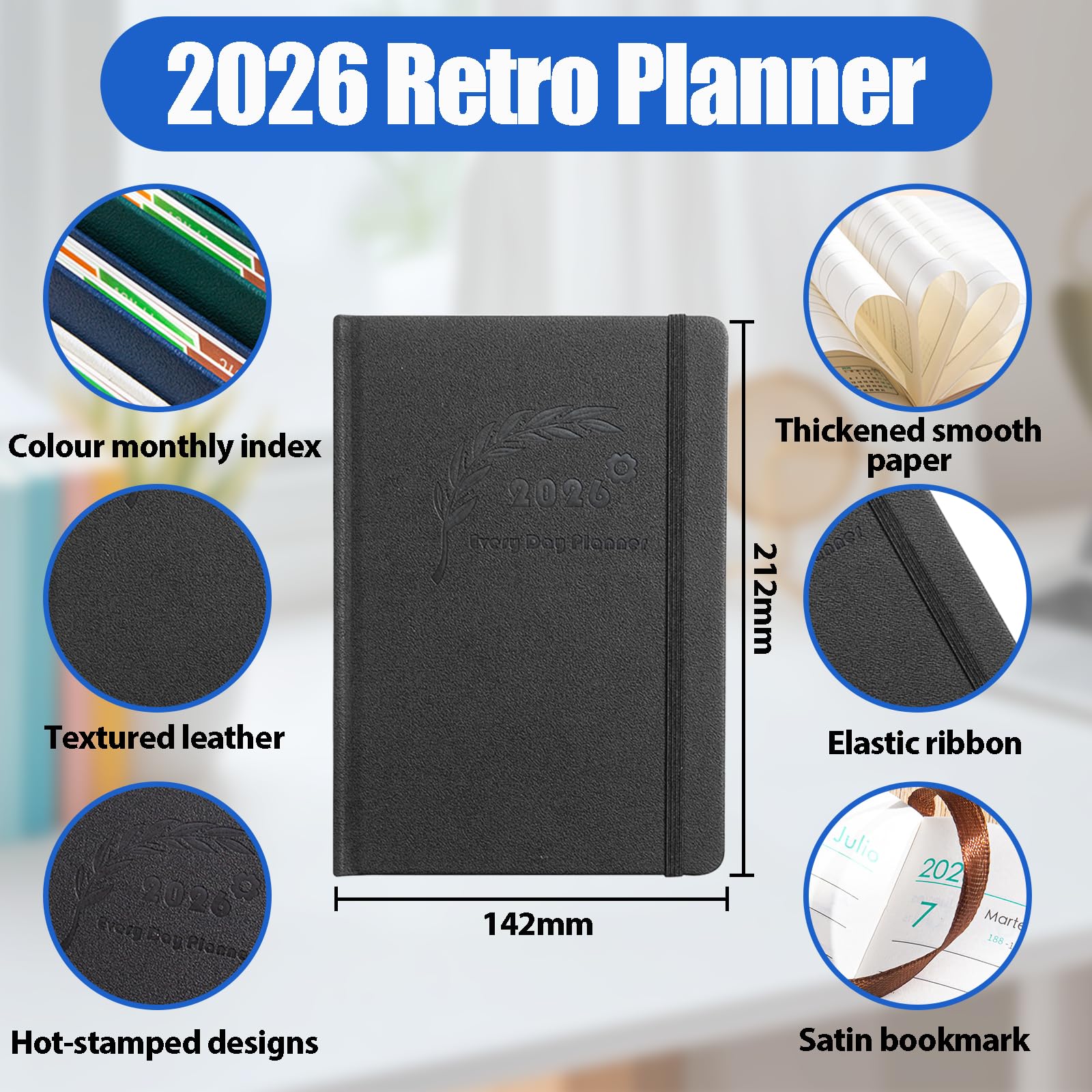 Rayakt 2026 Diary A5 Page A Day, Full Year Daily Planner 2026 with Tie, Hardcover Academic Diary 2026 with Monthly Overview, Month Calendar, Colorful Tabs, for Productivity & Organization (Black) - Image 2