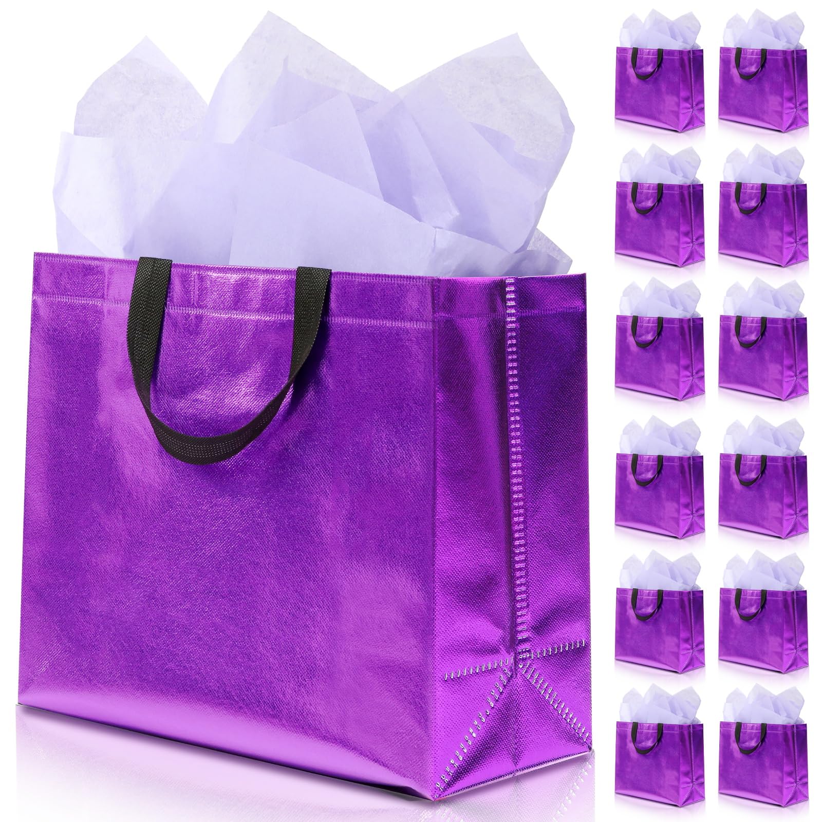 KeerxunBag 12Pcs Reusable Gift Bags（Includes Tissue Paper） Gift bag with handle Birthdays Parties Holidays Weddings Medium 13x5x11in Purple Gift Bags