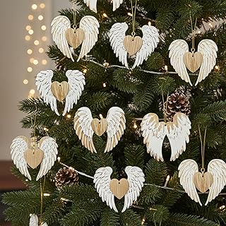 Wooden Angel Wings Christmas Ornaments Rustic Hanging Decor for Tree and Home Season Display (Khaki, 12Pcs)