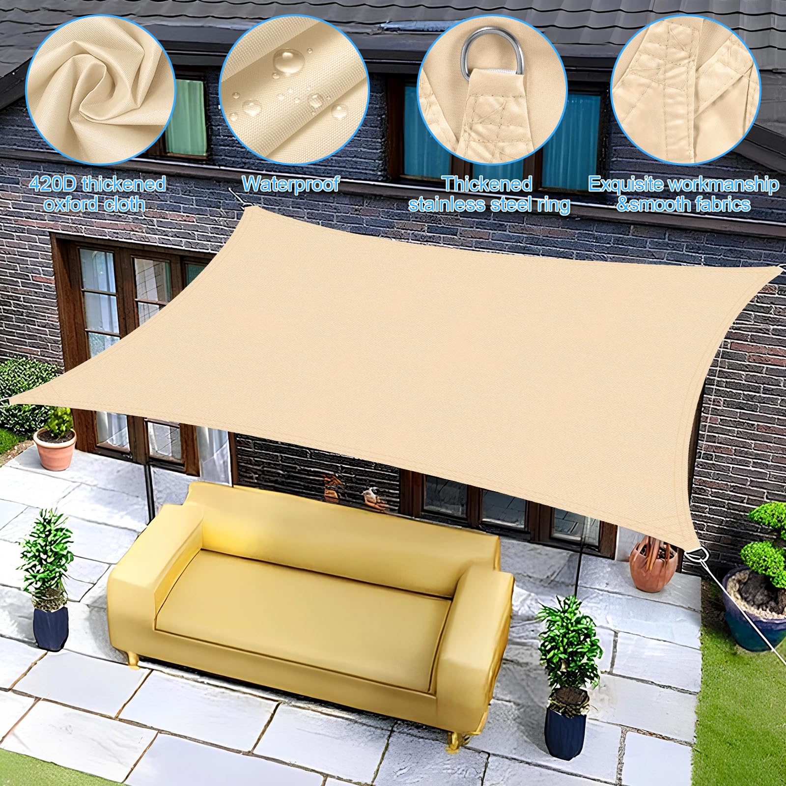 Wasserdichtes Rechteckiges Sonnensegel 3x5m 420D Verschlüsseltes Verdicktes Oxford Gewebe 95% UV Beständig für Pool, Garten, Terrasse, Park, Camping - Beige