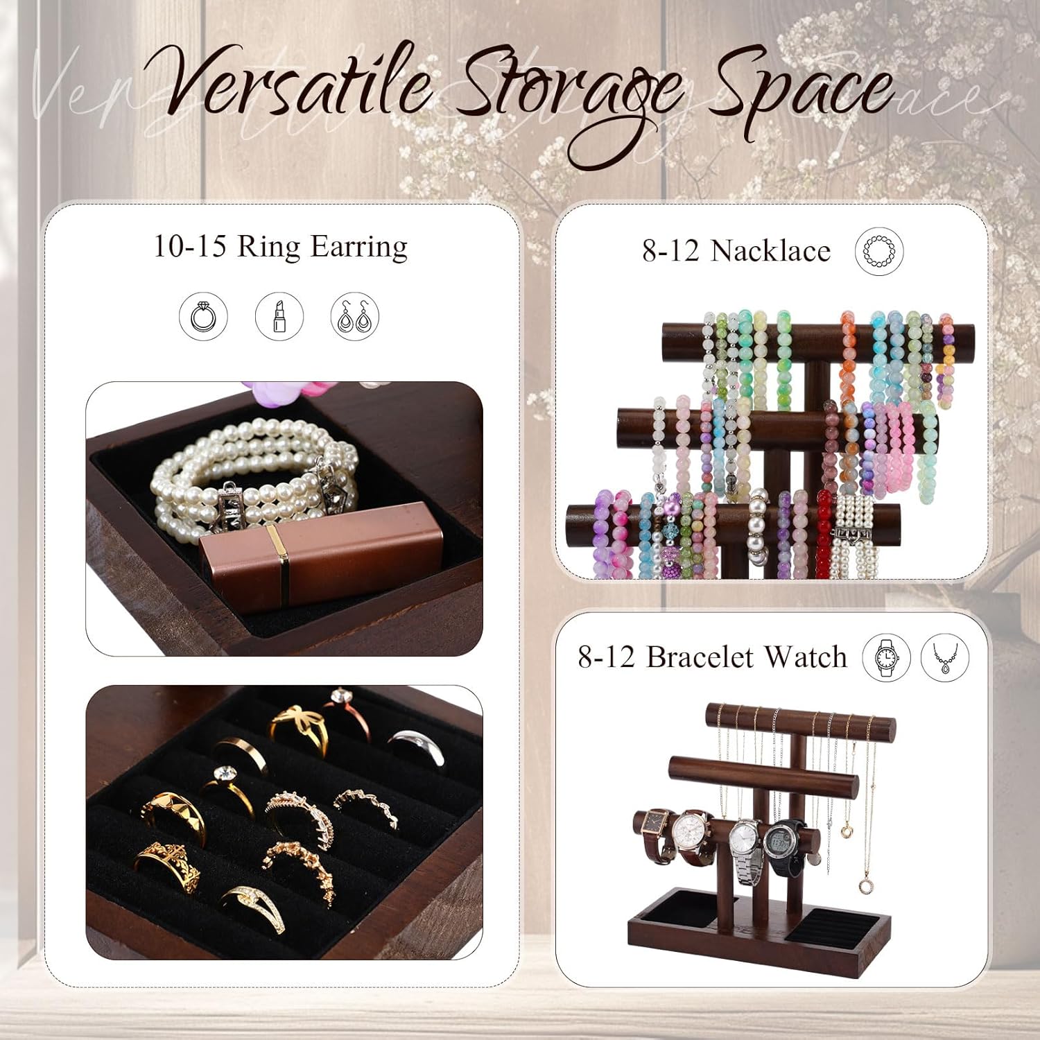 Kigeli Wooden Bracelet Holder Stand, Bracelet Display with 3 Tier, T-bar Bangle Storage Organizer Showing Bracelets Necklaces and Watches Rings for Home Vendors Craft Shows and Store - Image 3