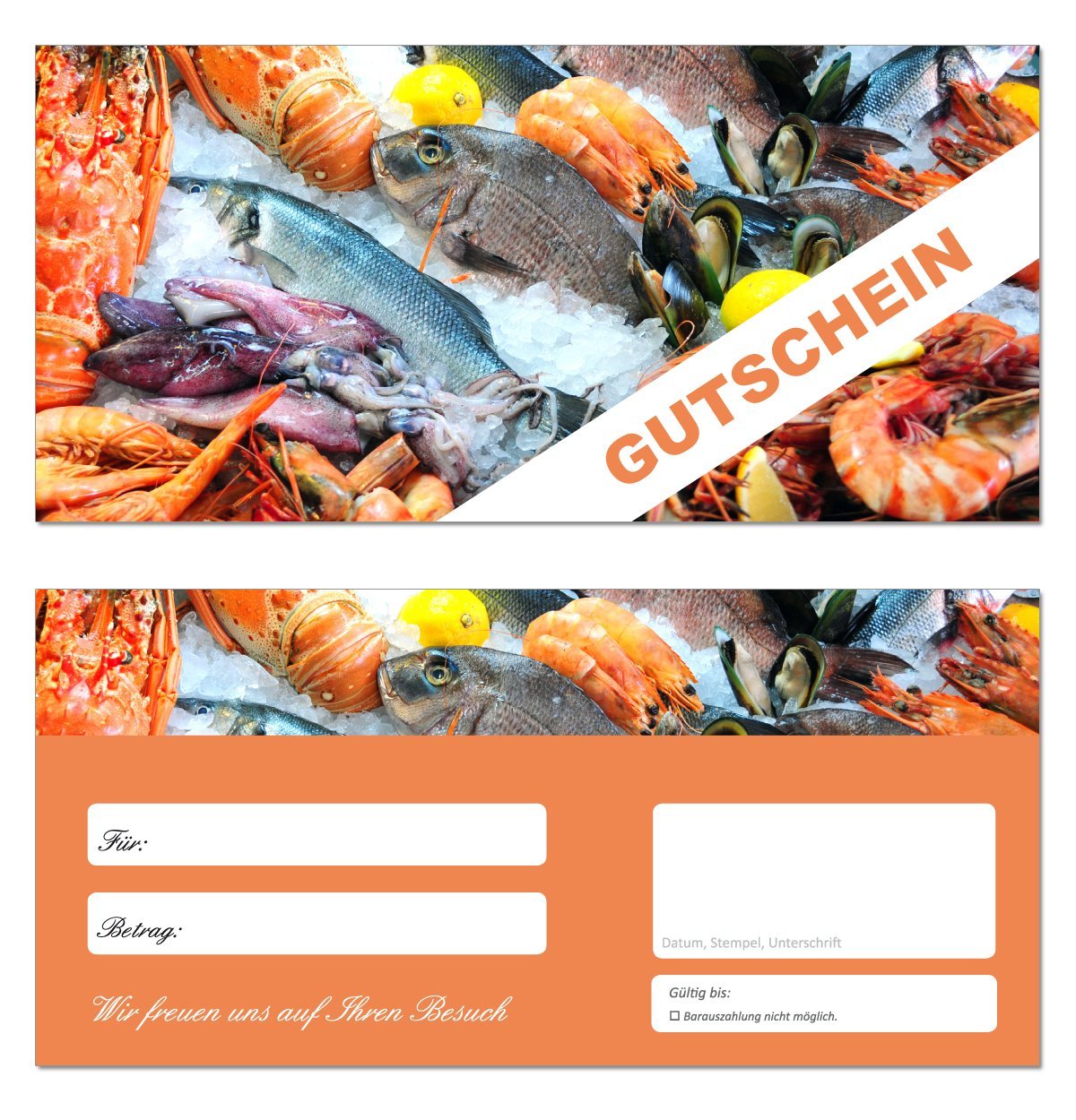 200 Stück Geschenkgutscheine (Fische-656) - Fischhandel Einzelhandel Gutscheinkarten Fischerei Gutscheine Einkauf Fischerei Angeln Angler Fischzucht Fischfang Krabben Karpfen Seehecht Rotbarsch