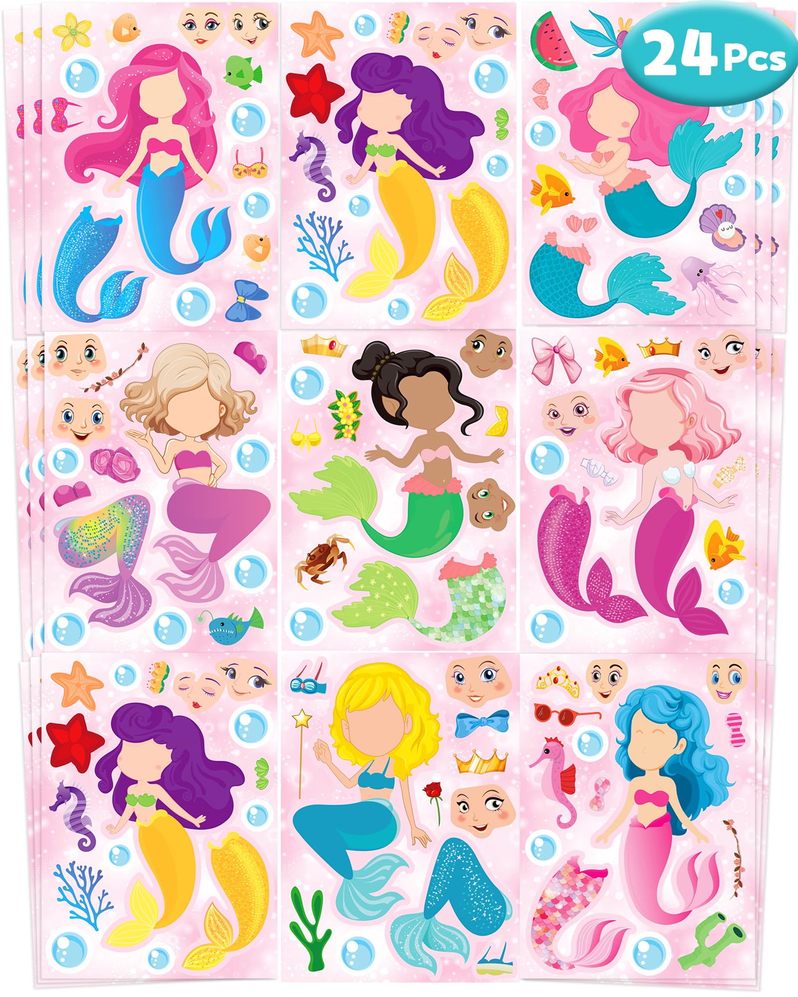 24 Pcs Make Your Own Mermaid Sticker Sheets for Kids, Mermaid Face Stickers for Kids Toddlers Crafts Activities Gifts Goodie Bags Birthday Party