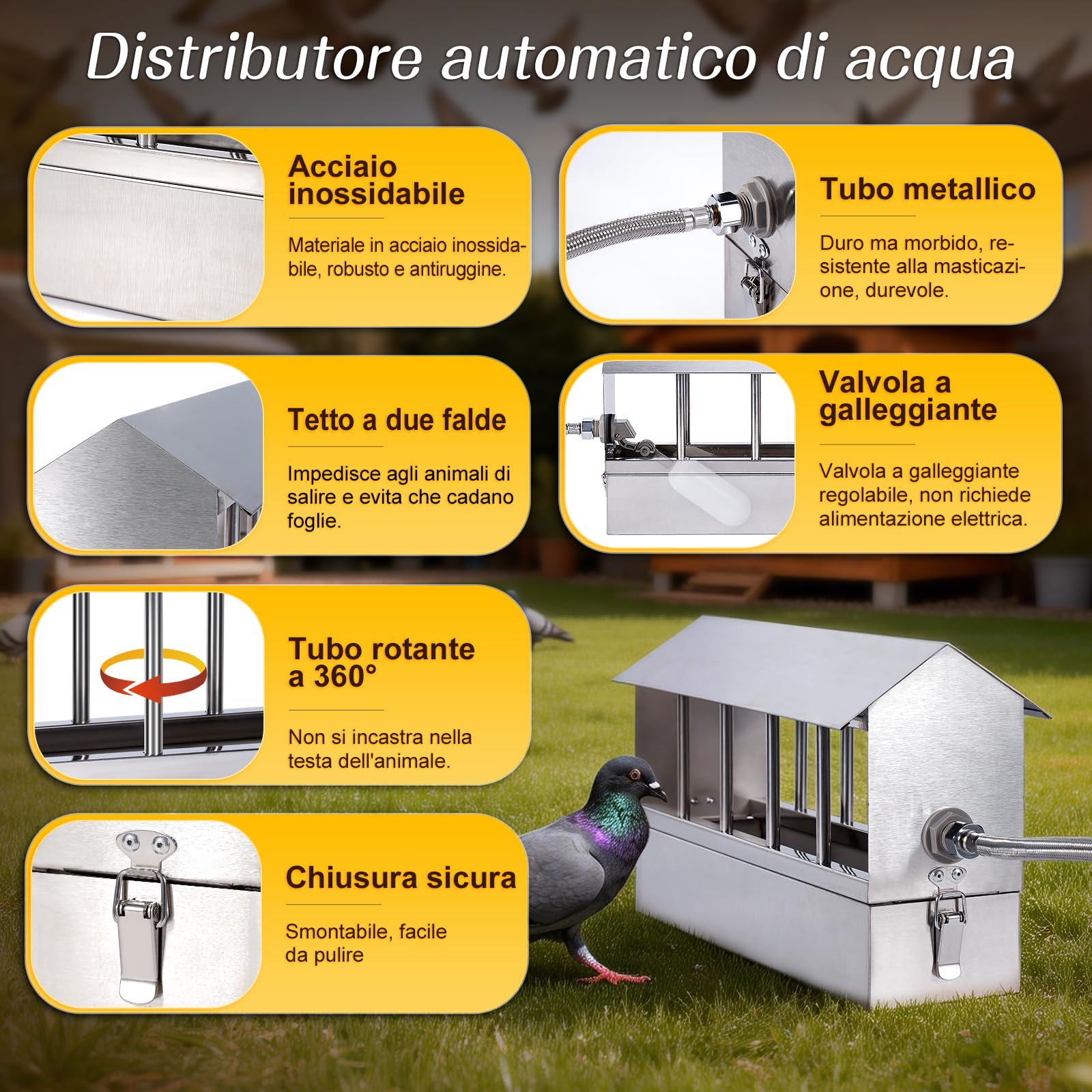 Abbeveratoio Automatico per Polli, Distributore D'Acqua per Pollame con Valvola a Galleggiante e Tubo di Collegamento in Rame, Sistema di Abbeveraggio in Acciaio Inossidabile per Piccioni, Anatre