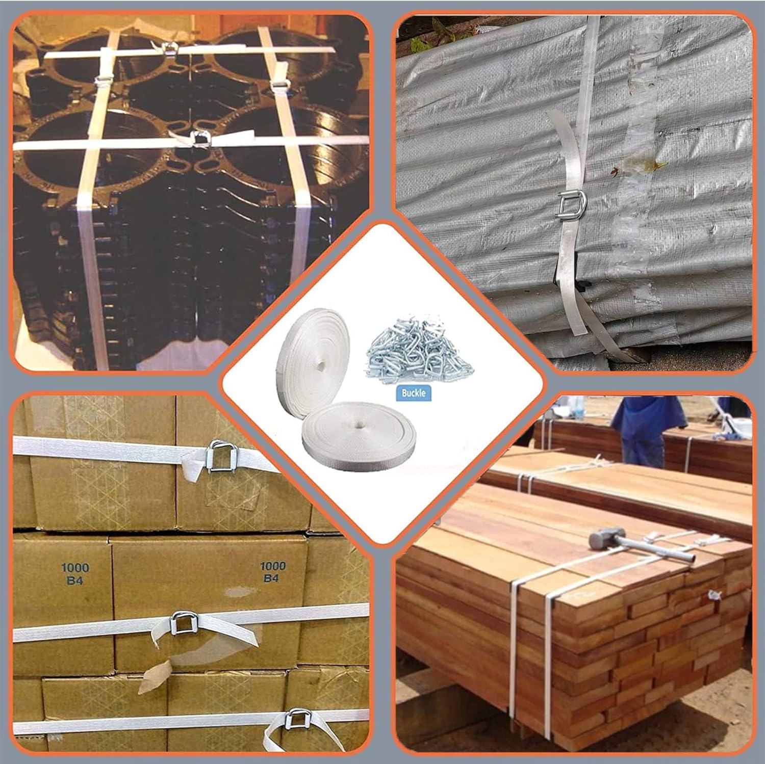 3/4" x 330' Woven Cord Strapping Kit with 50 Pack Metal Wire Buckles - Packaging Roll, 2400 lbs Break Strength