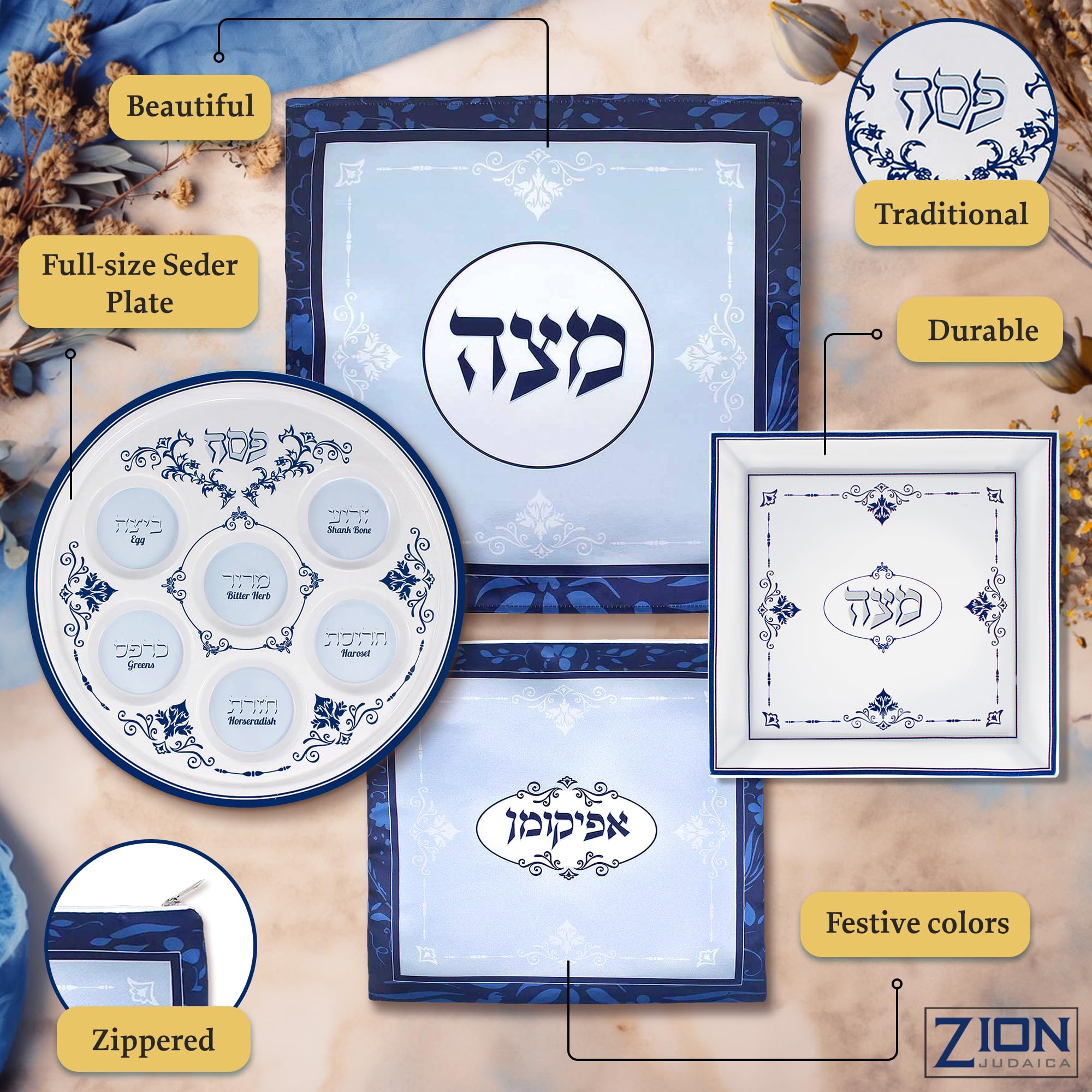 Passover Table Matzah Cover & Afkomen Bag Set, Hand Dyed.no.5 Blue And - View #2