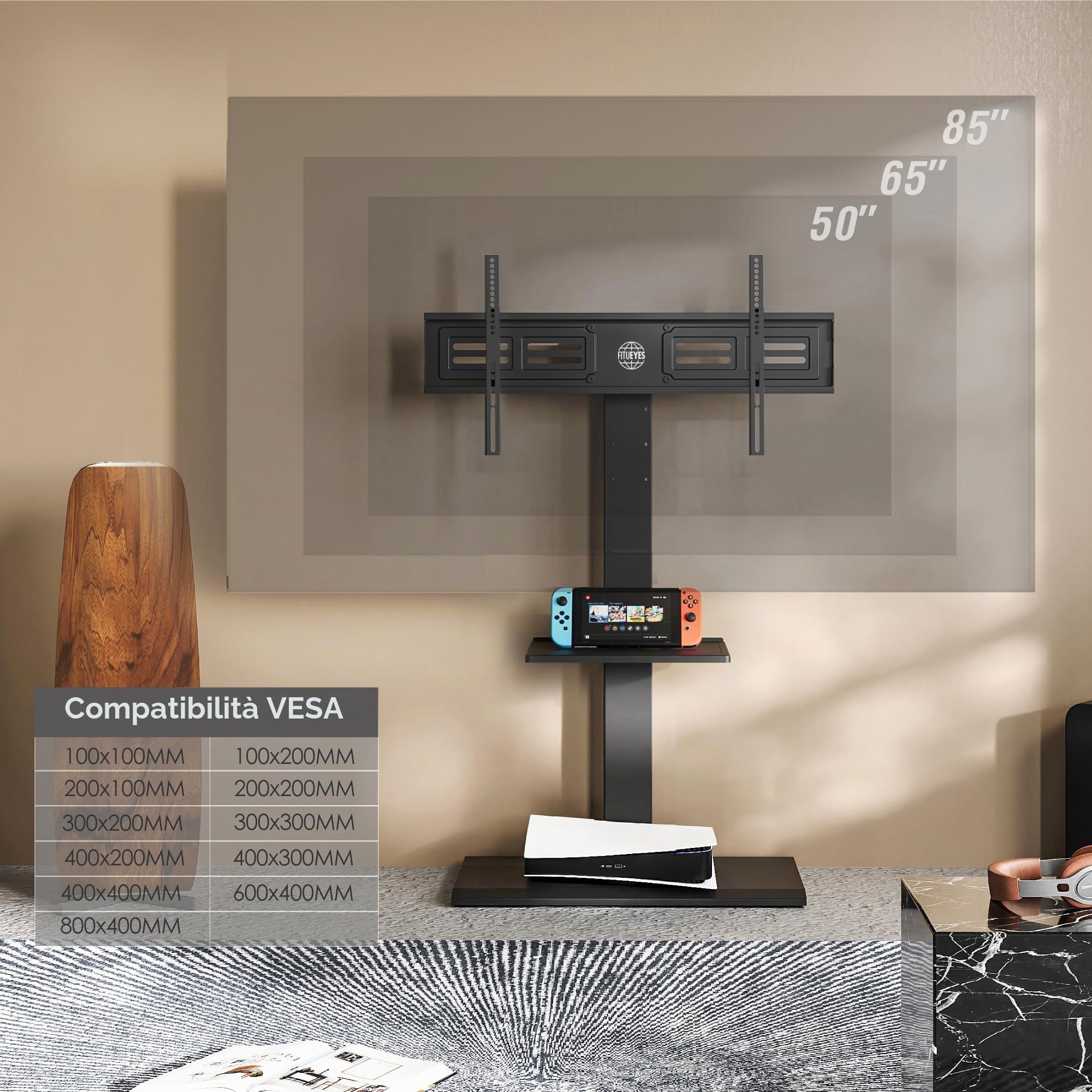 FITUEYES Porta TV da Terra Ferro Base per 50-85 Pollici, Girevole Supporto TV da Pavimento con 2 Ripiani, Supporto TV da Terra Max VESA 800x400mm
