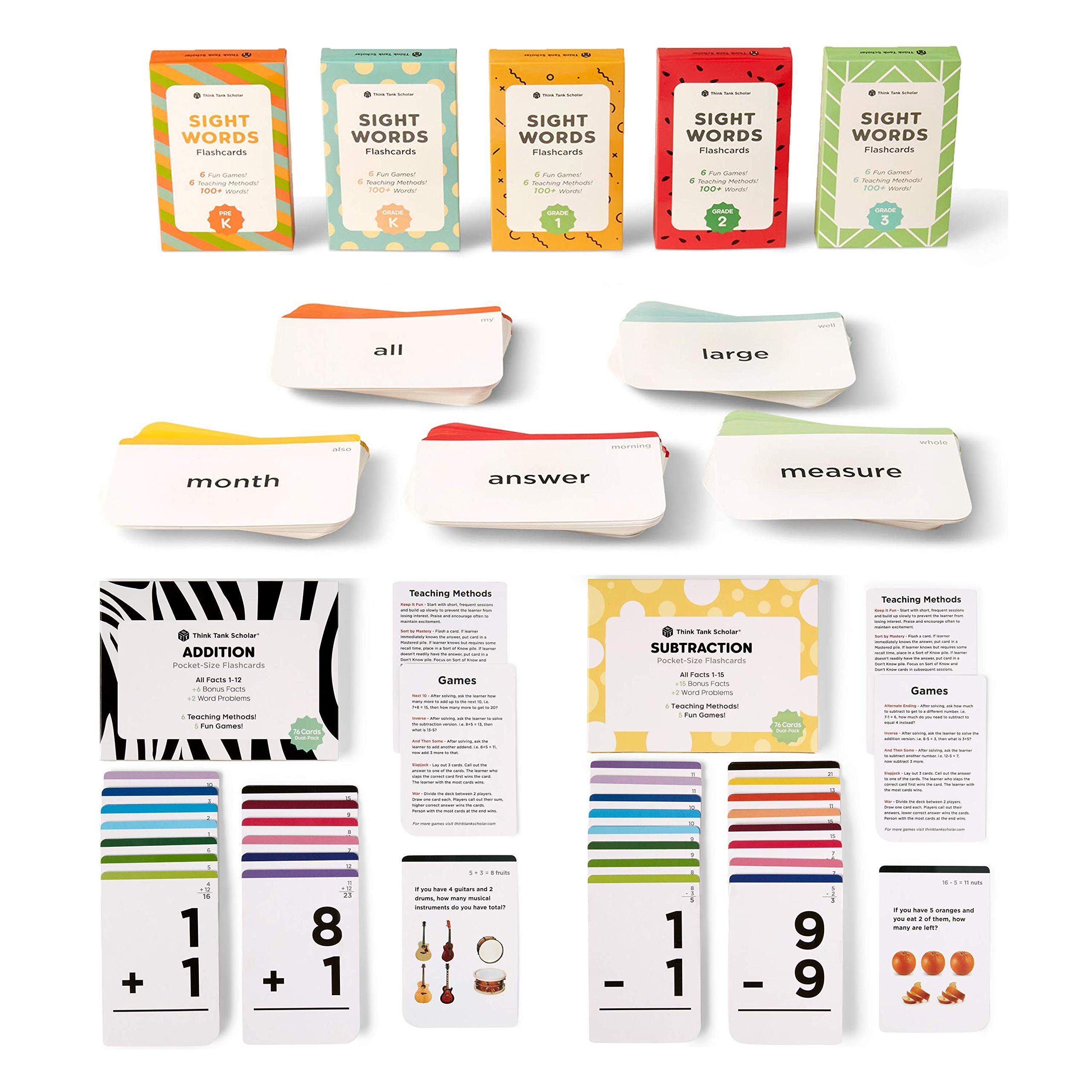Think Tank Scholar Learn to Read & Do Simple Math - 520 Sight Words Flash Cards (Dolch & Fry) + 152 Addition & Subtraction Flash Cards | Pocket-Size (All Facts: 1-12 Add | 1-15 Sub)