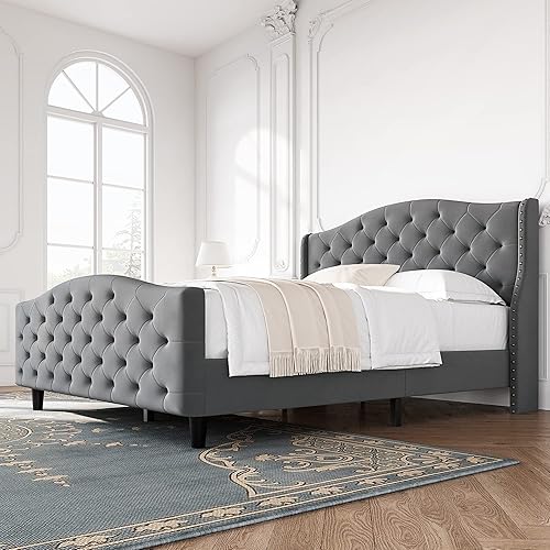 Miniatura 7 de coucheta Tufted Upholstered Platform King Bed Frame with Headboard and Footboard Velvet Platform Bed Raised Wing Back HeadboardGrey King