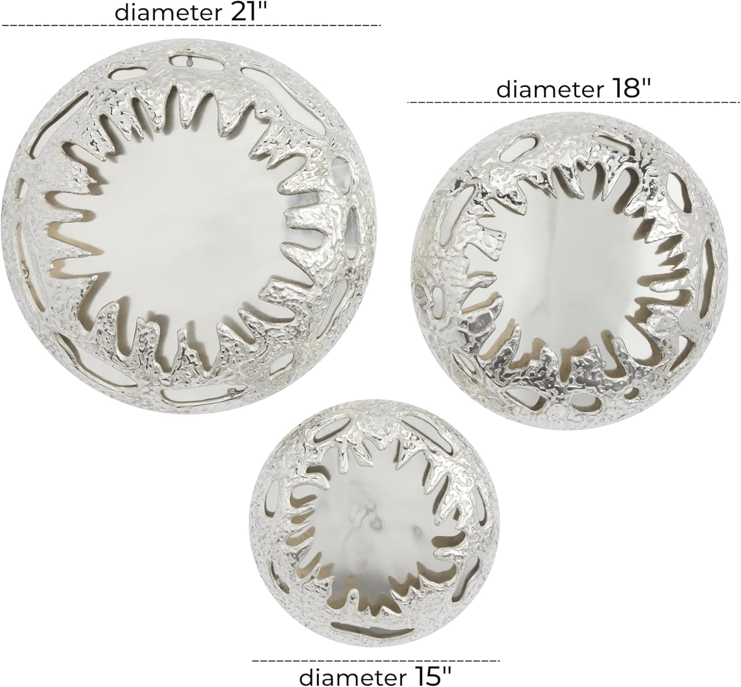 Deco 79 Aluminum Metal Sunburst Home Wall Decor Wall Sculpture with Textured Pattern, Set of 3 Wall Art 21", 18", 15" H, Silver
