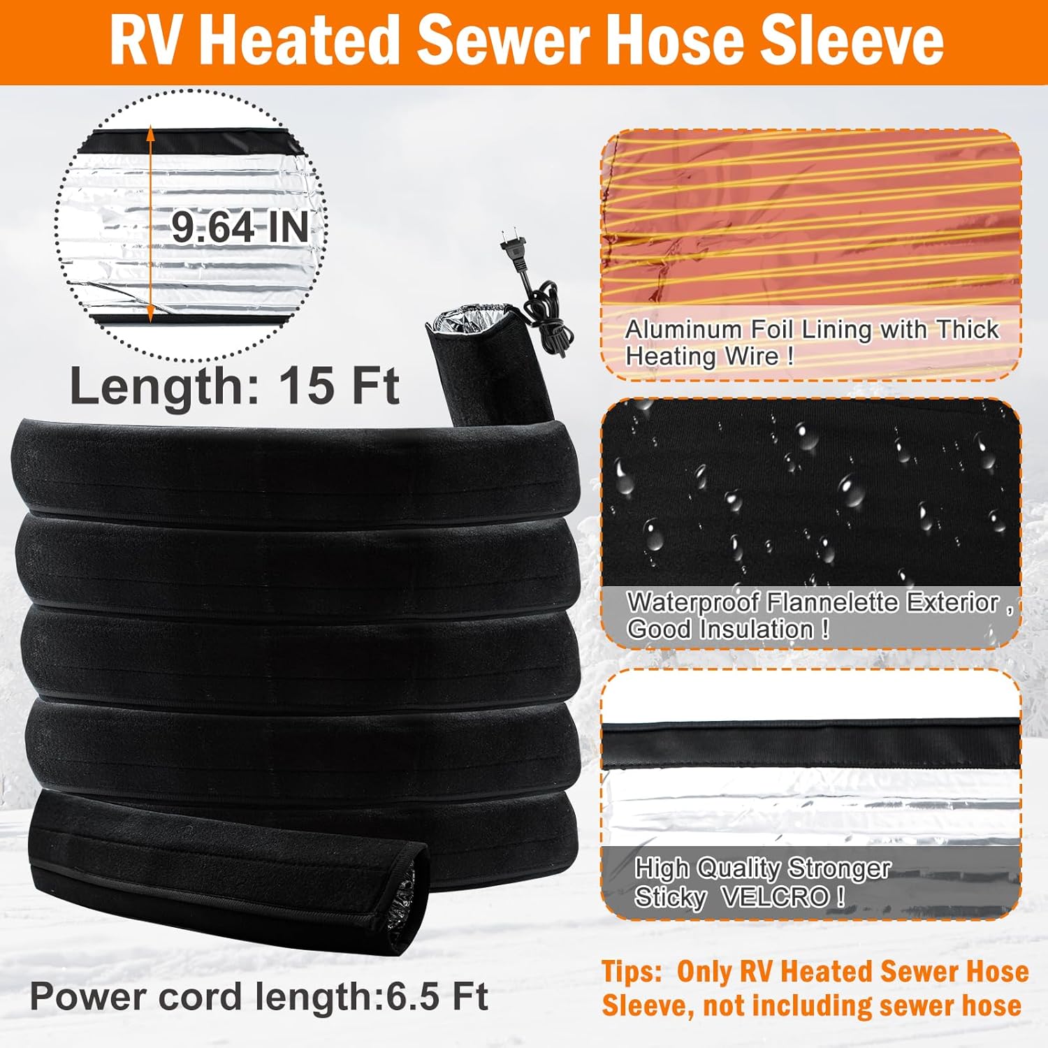 15Ft Heated RV Sewer Hose Cover Electric Heated Sleeve RV Sewer Hose Heat Wrap Insulated RV Sewer Hose Heating System with 6.5Ft Power Cord for Winter RV Camper (Not Including Rv Sewer Hose)