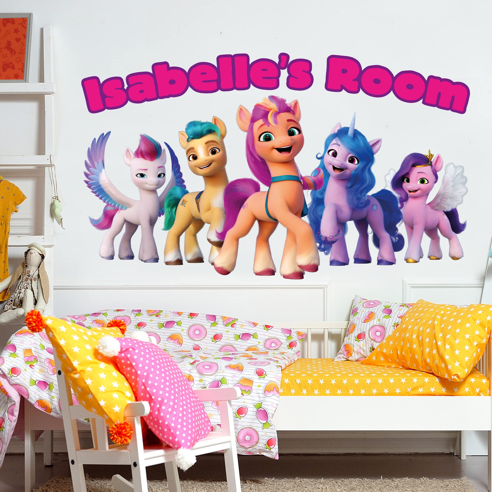 Themed Pink My Little Pony Wall Sticker - A New Generation Group Personalised Name Wall Decal Kids Art (90Cm Width X 55Cm Height)