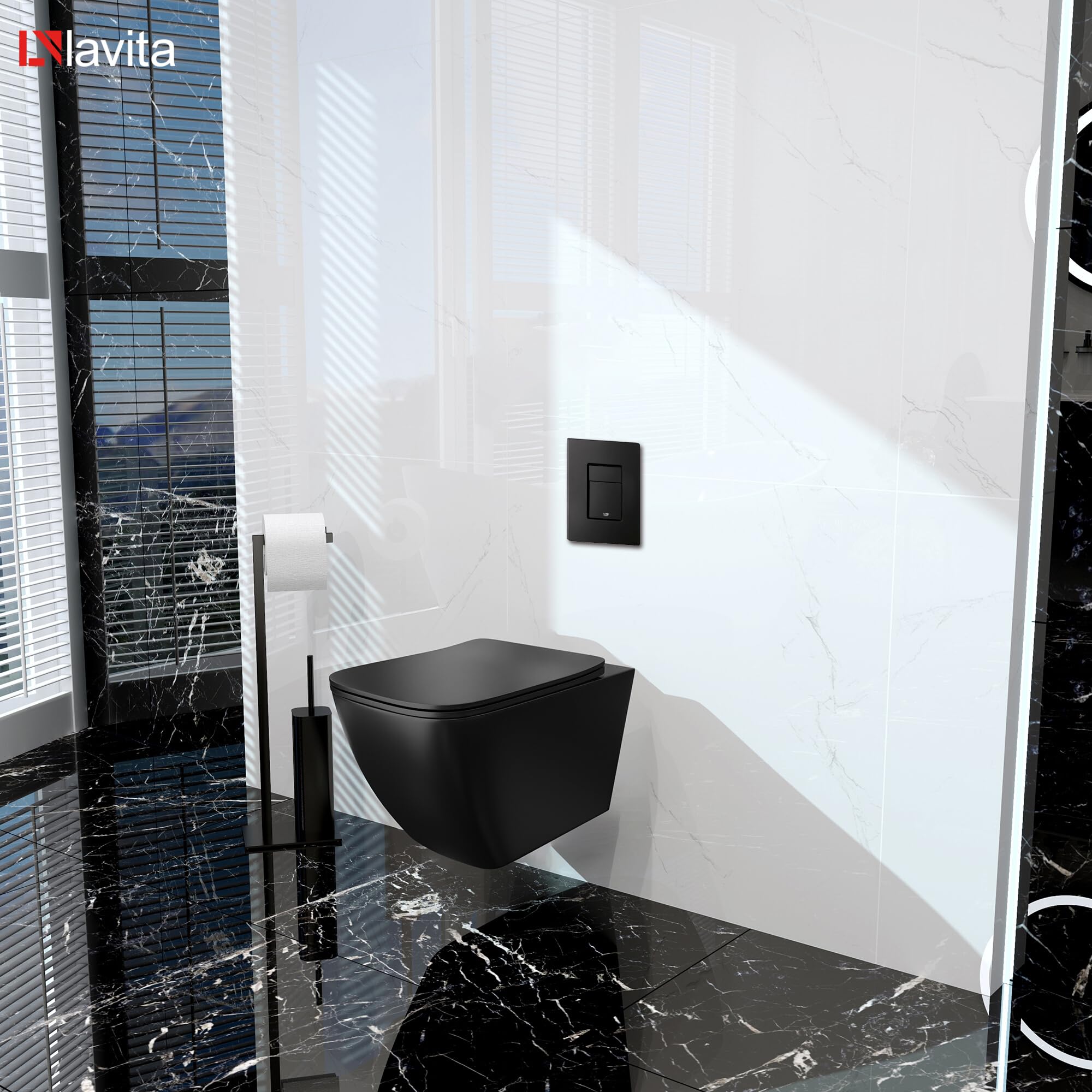 LAVITA Elemento de pared Solido + pared colgante Onil negro sin borde + asiento de inodoro de cierre suave | botón negro | juego completo | cisterna empotrada | inodoro completo