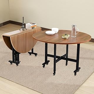 Drop Leaf Table, 51.2" Round Collapsible Dining Table for 7-9 People, Wooden Folding Dining Tables with 6 Wheels, Mobile and Stable, Space Saving, for Living Room, Farmhouse