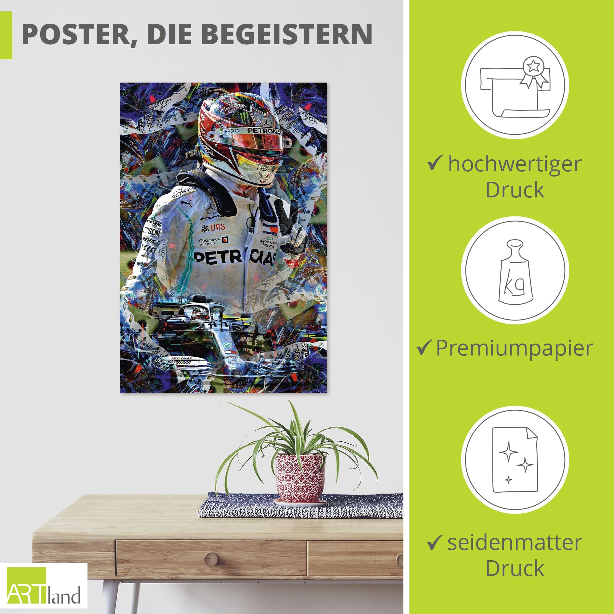 ARTLAND Wanddeko Poster & Kunstdrucke Wandposter 80x120 cm Hochformat Lewis Hamilton Weltmeister Mercedes Rennfahrer Auto Formel 1 Rennen Sport U3UE
