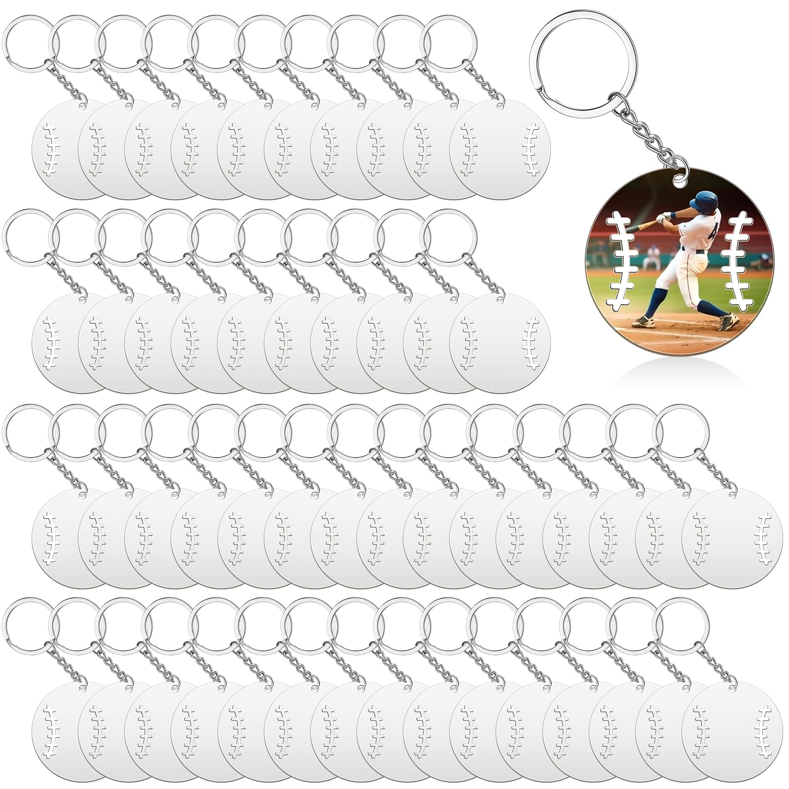 Remuuly 50 Pcs Baseball Keychain Baseball Team Gifts Sublimation Keychain Bulk with White Protective Film Baseball Keychain Heat Transfer Sports