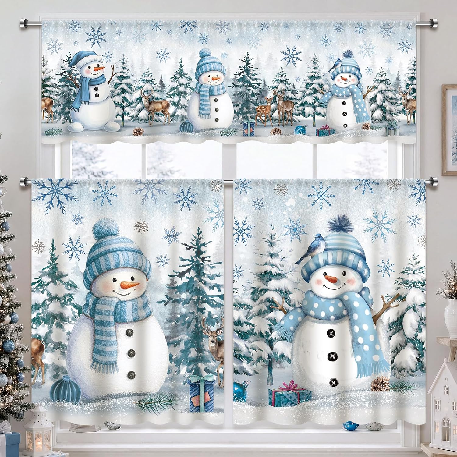 HunnmingRe 3 Pcs Christmas Kitchen Curtain Set, Red Plaid Snowman