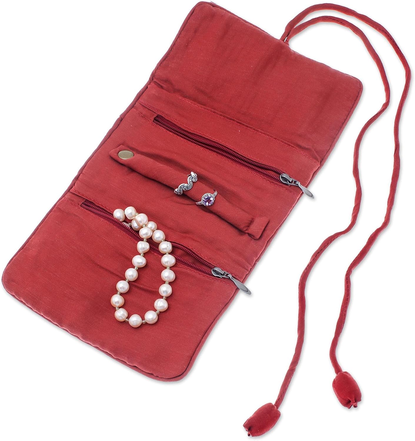 NOVICA Floral Silk Jewelry Roll, Orange, 'Dreamy Fashion'