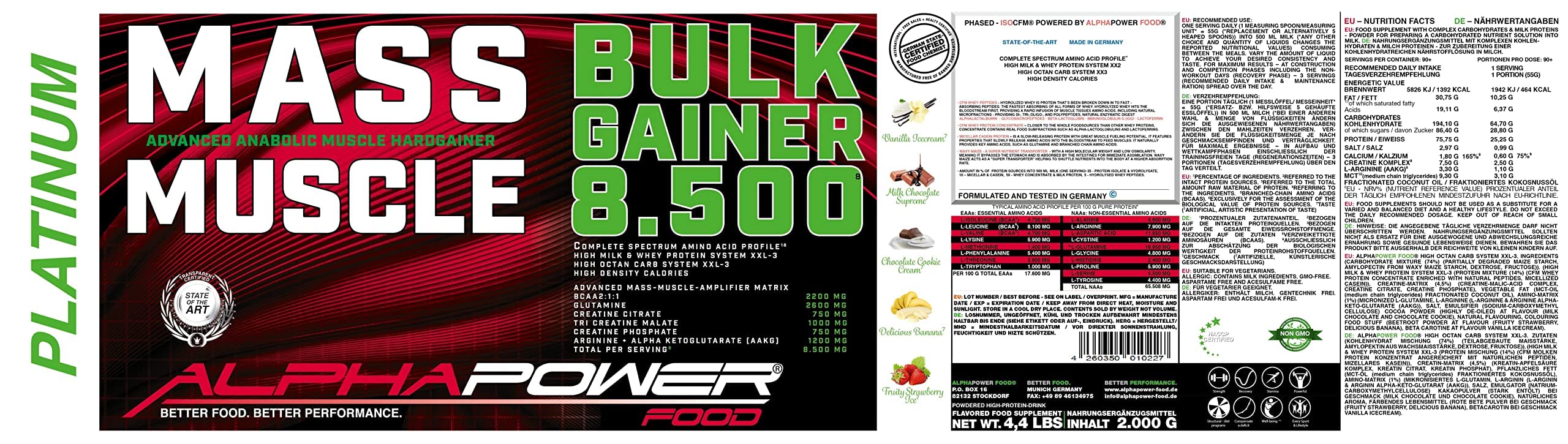 ALPHAPOWER FOOD Maas - Whey, Muscle Weight Gainer I Mega, Muskelmasse & Muskelaufbau - Protein - Eiweiß, Kohlenhydrate – Pulver - Shake für Hardgainer, 2kg Vanille + Creatin, Bcaa, MCT Öl