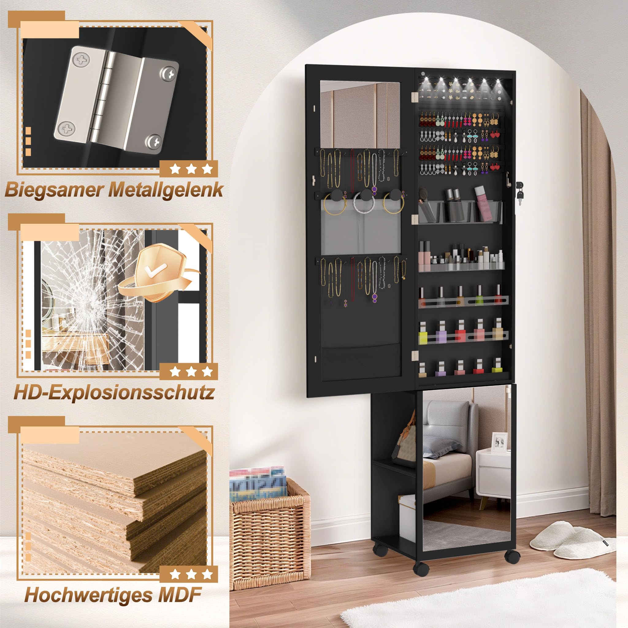 FIVMEN Schmuckschrank mit Spiegel Spiegelschrank Schminkschrank mit Rollen und 6 LEDs Abschließbar Schmuckaufbewahrung Make-Up Organizer 3 in 1 mit Ganzkörperspiegel Standspiegel, Schwarz