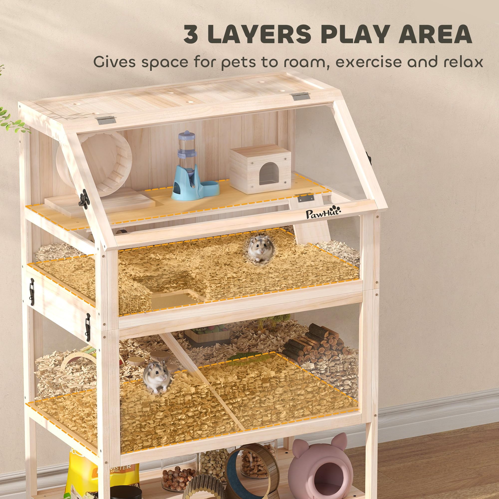 PawHut Hamsterkäfig aus Holz 3 Etagen 80 x 53 x 117 cm Nagerkäfig Kleintierkäfig mit abnehmbar Boden Ablage Laufrad Wippe Rampe Wasserflasche Hütte Mäusekäfig für Zwerghamster Naturholz