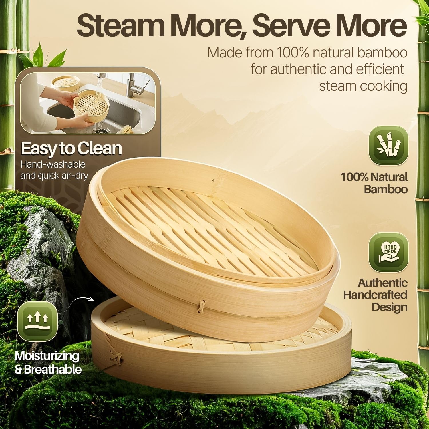 Flexzion Set vaporiera cestello per cucina a vapore in bambù (25 cm / 10 pollici) con 50 strisce per cottura e 2 paia di bacchette, Accessori elettrodomestici di bamboo per cottura di alimenti