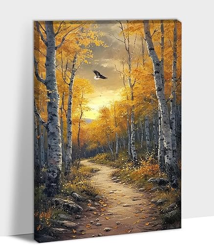 UZMKM Arte de pared de árbol grande, lienzo de abedul para decoración de pared para sala de estar, oficina, bosque otoñal vintage, pintura de