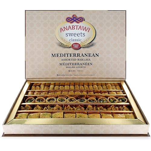 Anabtawi Middle Eastern Sweets - 70 piezas surtidas de Baklava, pistacho y almendras pastelería - Caja de regalo tradicional árabe de Baklava - Sin