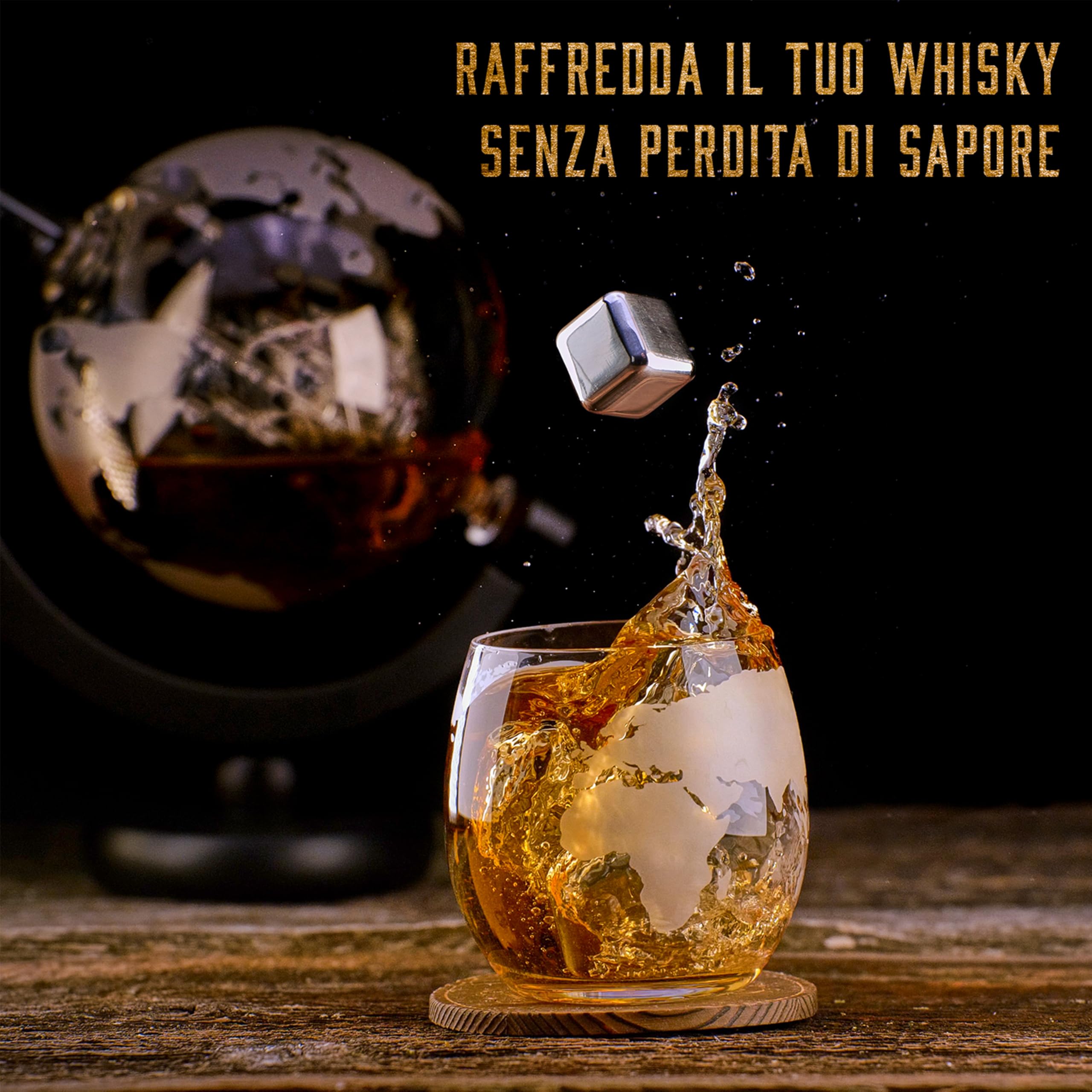 WHISISKEY Decanter per Whisky - Set Whisky Regalo - Idee Regalo Uomo Compleanno - Globe Decanter 900ML, Scatola Regalo, 2 Bicchieri da Whisky x 285ML, 4 Pietre di Whisky, Accessori