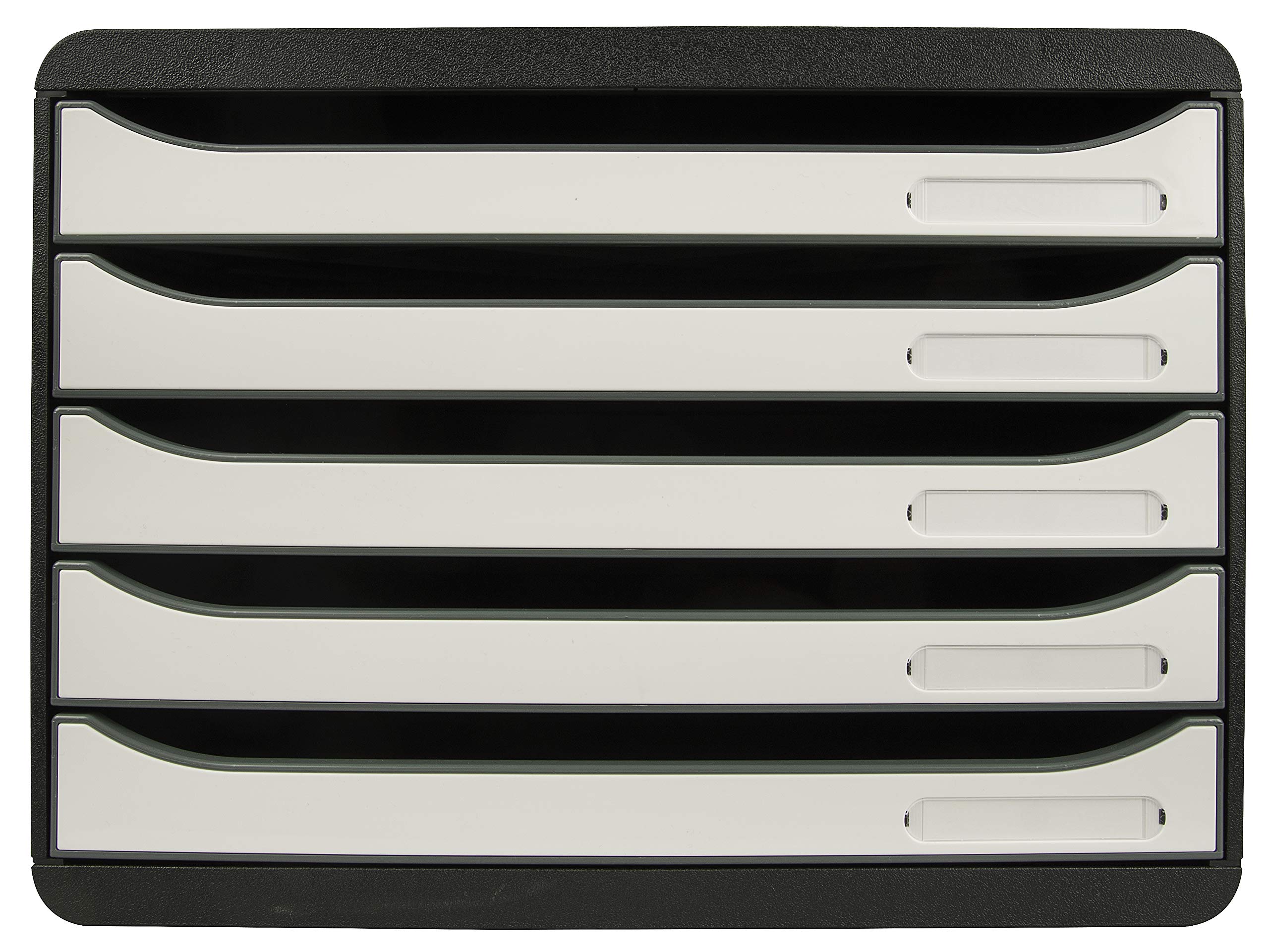 Exacompta 3087213D - Módulo individual con 5 cajones para documentos A4 + con tope de seguridad y porta etiquetas - 270x355x271 mm - BIG-BOX PLUS HORIZON - Negro/blanco brillante