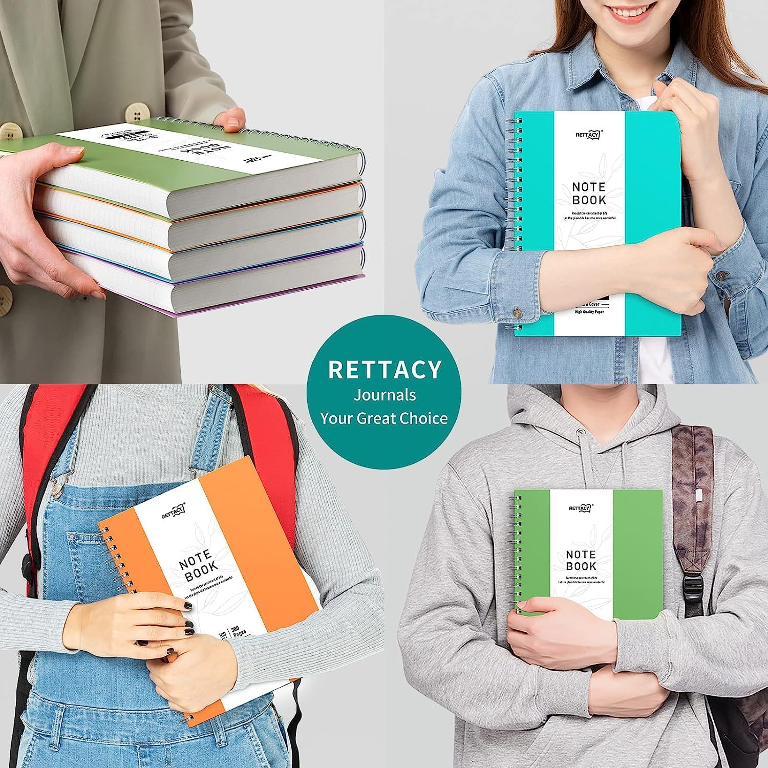 RETTACY A4 Notatnik, zeszyt, zeszyty spiralne, 300 kartek/150 stron do pisania, 100 g/m² papier linowany, okładka twarda PVC, 21,5 x 27,9 cm – różowy