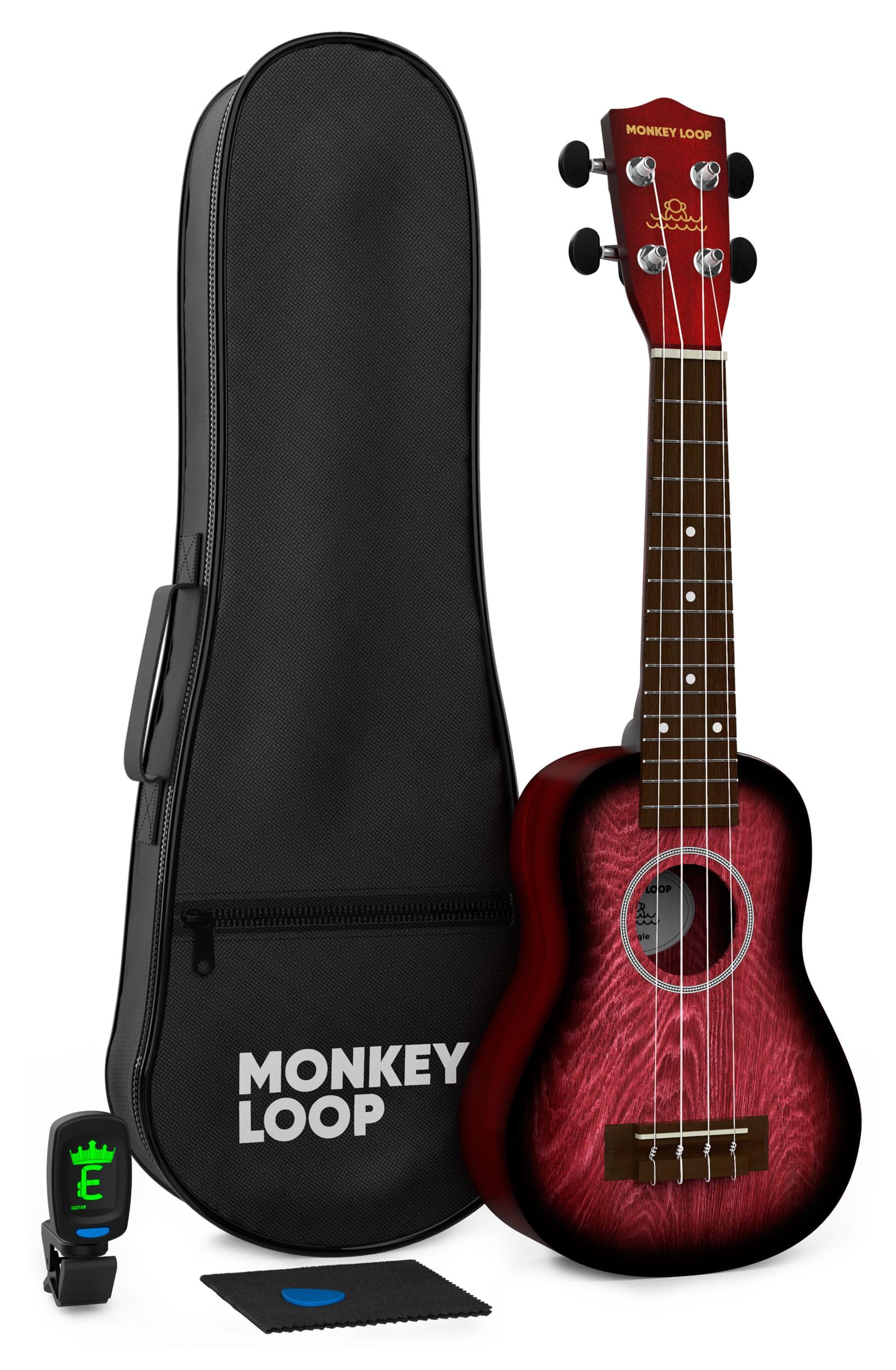 MONKEY LOOP Jungle Pack Rouge – Ukulélé Soprano – Cordes Aquila – Comprend Un étui pour ukulélé, Un accordeur, Un plectre et Un Chiffon de Nettoyage – Tilleul – Couleur Rouge