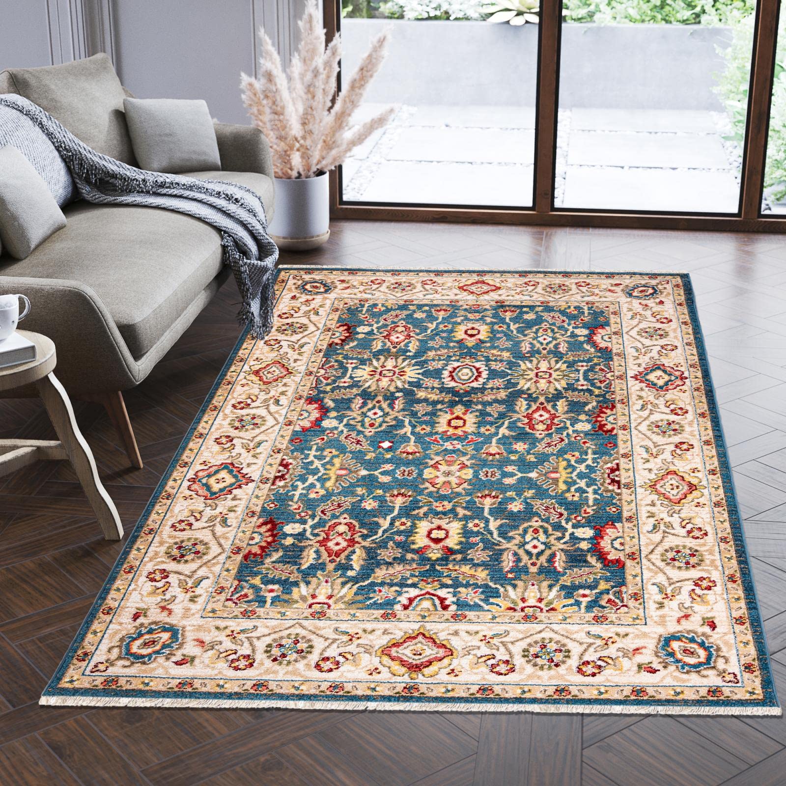 Tapis salon traditionnel Mazovia bleu 200 x 305 cm tapis de chambre moderne à poils ras