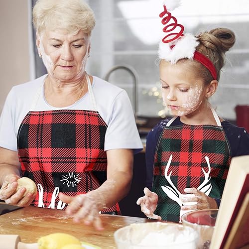 Miniatura 5 de Geyoga 2 delantales de Navidad, delantal a cuadros de búfalo, tela ajustable, color rojo, retro, para fiesta de Navidad, cocina, hornear, 2 estilos