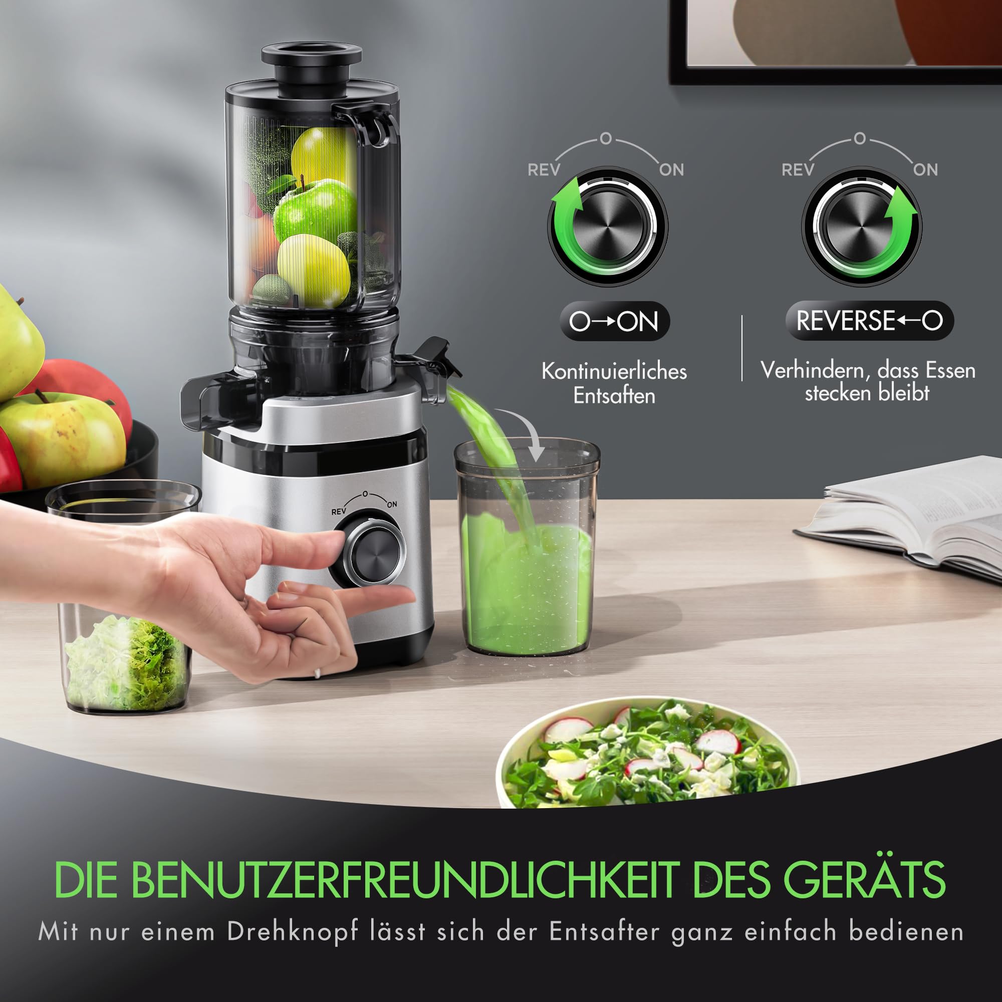 Extractor de Zumos en Frío | Slow Juicer para Frutas y Verduras | Motor DC Ultrasilencioso de 350W | Abertura Ancha de 110 mm | 2 Vasos Incluidos | Exprimidor Eléctrico
