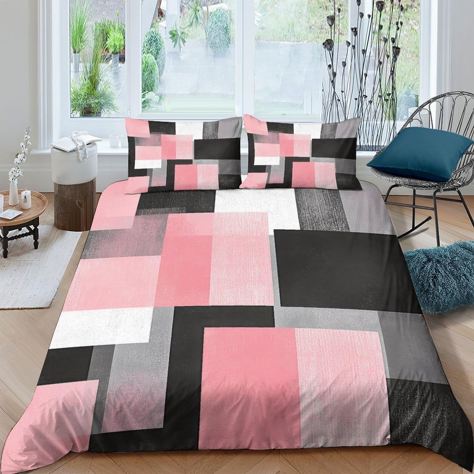 GPLZQXKJNH 3D Printed Geometric Patchwork Duvet Cover Set Microfiber Soft Breathable Abstract Blocks Quilt Cover with 2 Pillowcases for Bedroom Single（135x200cm）
