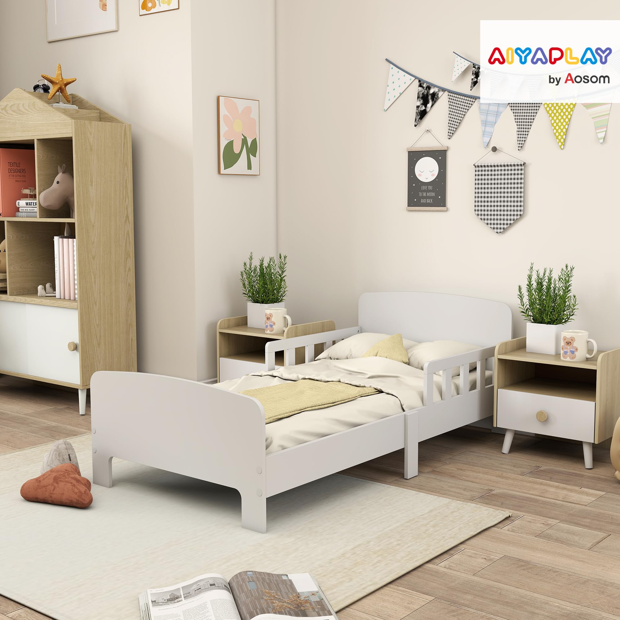 AIYAPLAY Cama Infantil 70x140 cm con Barrera Anticaídas y Somier, Blanco | Cama para Niños, para Niños y Niñas de 3-8 Años