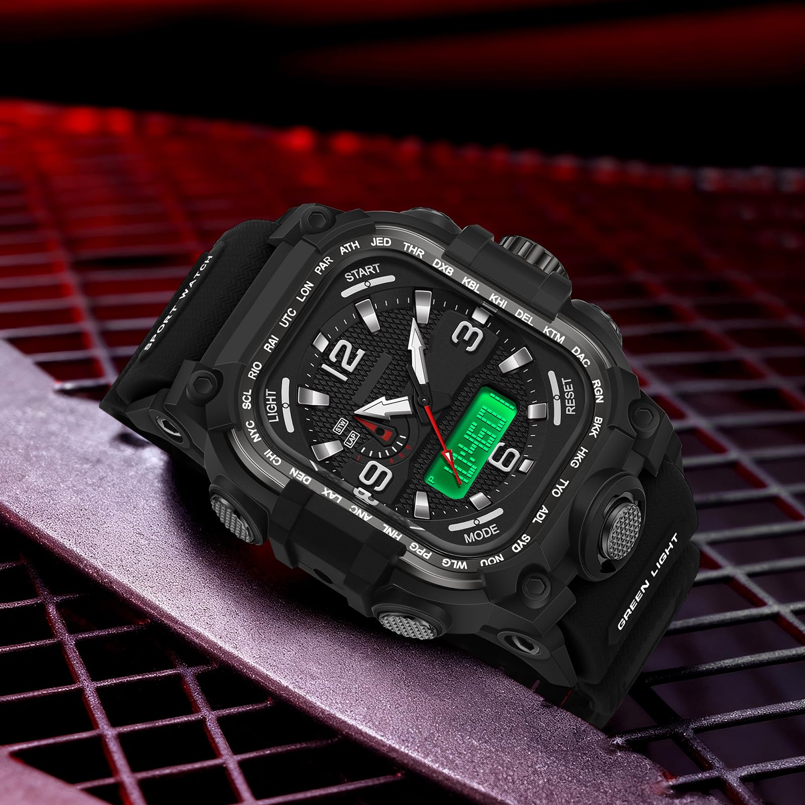 findtime Orologio da polso da uomo, stile militare, quadrato, digitale, analogico, design sportivo, impermeabile fino a 5 ATM, illuminazione, data 12/24 h, cronometro e tre fusi orari