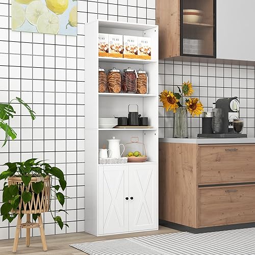 Miniatura 5 de Tangkula Estantería alta con puertas, estantería independiente de 71 pulgadas de alto con 6 estantes y armario de 2 puertas, estante de exhibición