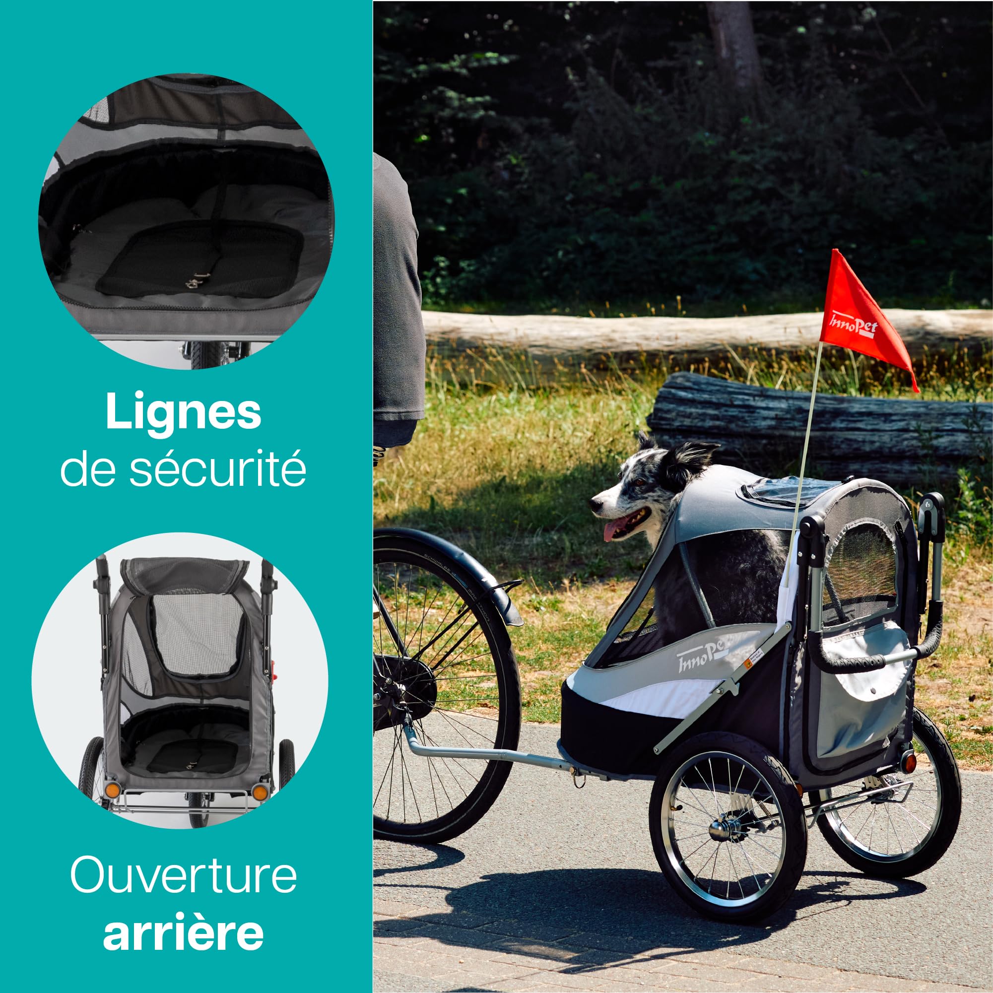 Innopet Sporty Dog Trailer Deluxe Noir/Argent - Poussette pour chien et remorque pour vélo 2 en 1 avec housse de pluie Capacité30 kg - Drapeau - Barre d'attelage et connecteur pour vélo