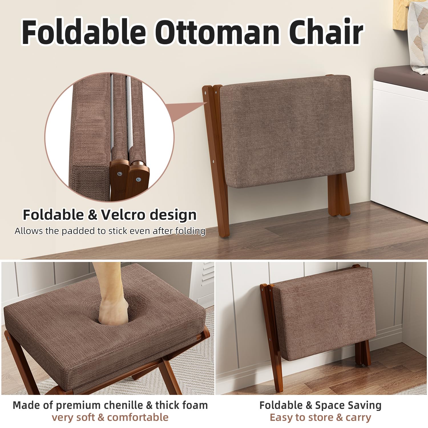 BAMBOOHOMIE Taburete plegable otomano, reposapiés moderno con patas de bambú en X y cojín de espuma gruesa, taburetes plegables pequeños acolchados para dormitorio, sala de estar, taburete de tocador