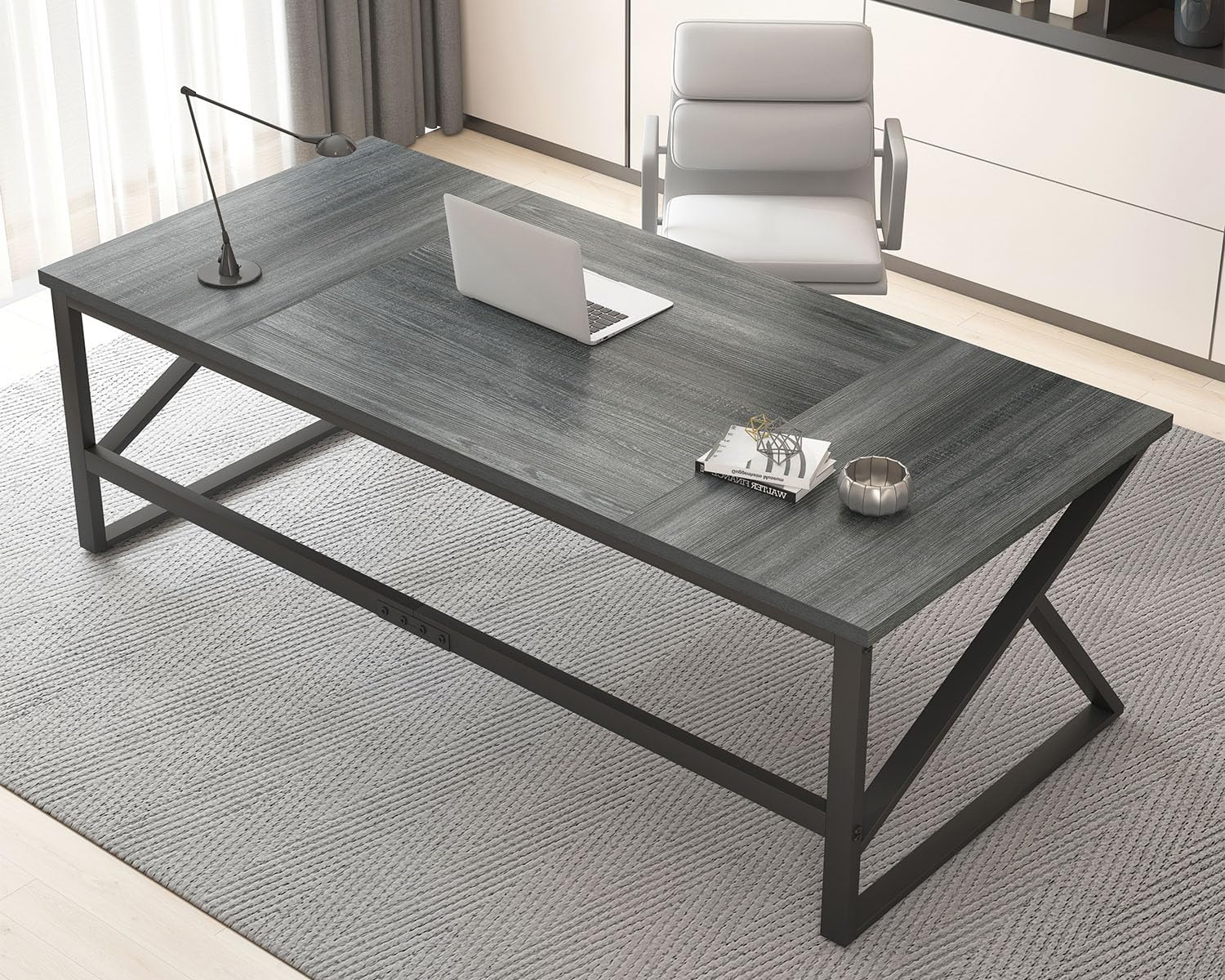 HSH Extra Long Computer Desk, Industrial Metal Wood Home Office Desk, Large PC Laptop Table for 2 Person Executive Writing Work Study Gaming, Bedroom Living Room Dual Monitor Desk, Dark Gray, 180 CM