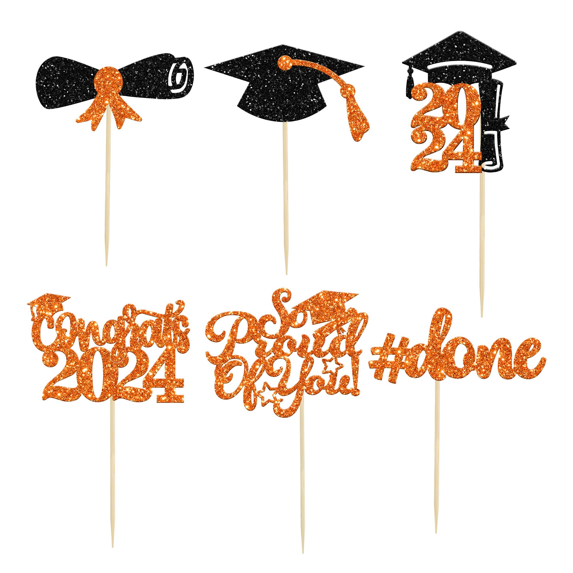 Gyufise 24Pcs 2026 Graduation Cupcake Toppers Orange Glitter Congrats Class of 2026 Done Diploma Grad Cap Cupcake Picks So Proud of you Cake Decoratiosn for 2026 Graduation Theme Party Supplies - Image 3