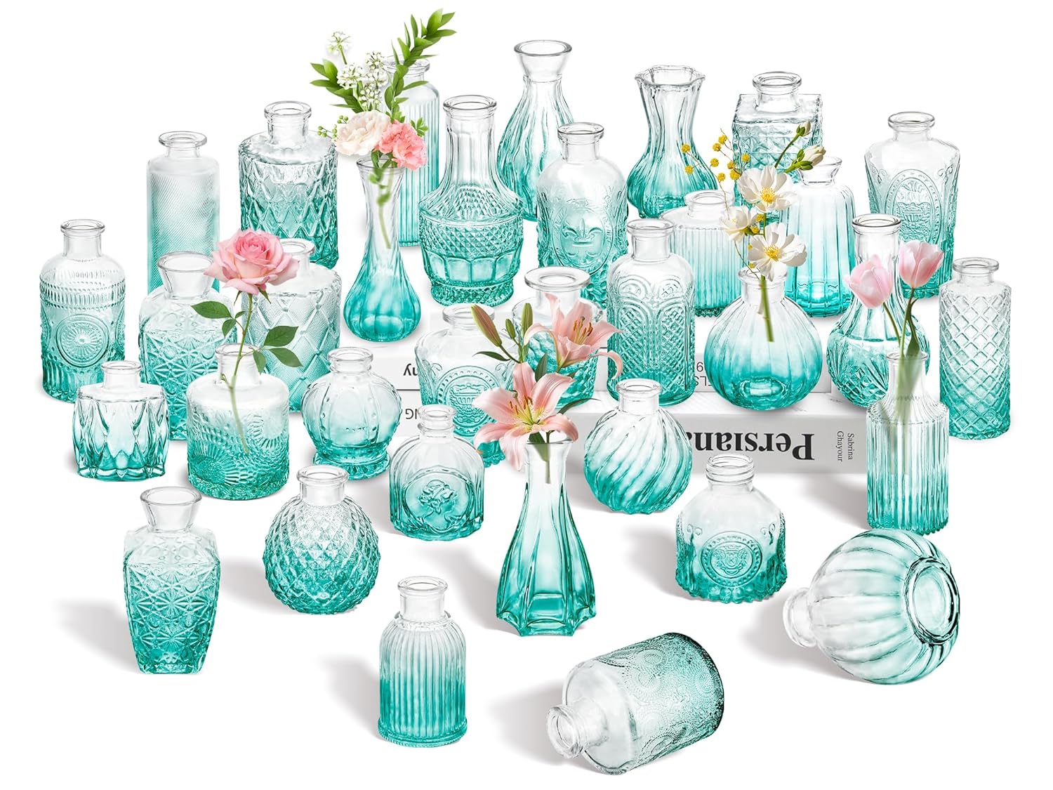 Clear Bud Vases Bulk 32,Small Flower Vases for Wedding Decor,Glass Vintage Bottle Set for Centerpieces,Recepetion,Home(Gradient Green