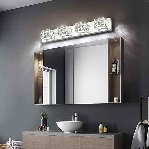 Miniatura 3 de ZUZITO Lámpara de tocador de baño con 4 luces, luces modernas de cristal para baño, regulables de 24 W, luces LED cromadas sobre el espejo, luz