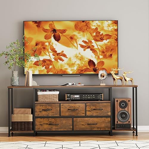 Miniatura 8 de Soporte de TV para televisores de hasta 75 pulgadas, mesa consola industrial de TV con 5 cajones de tela y 3 estantes abiertos, centro de