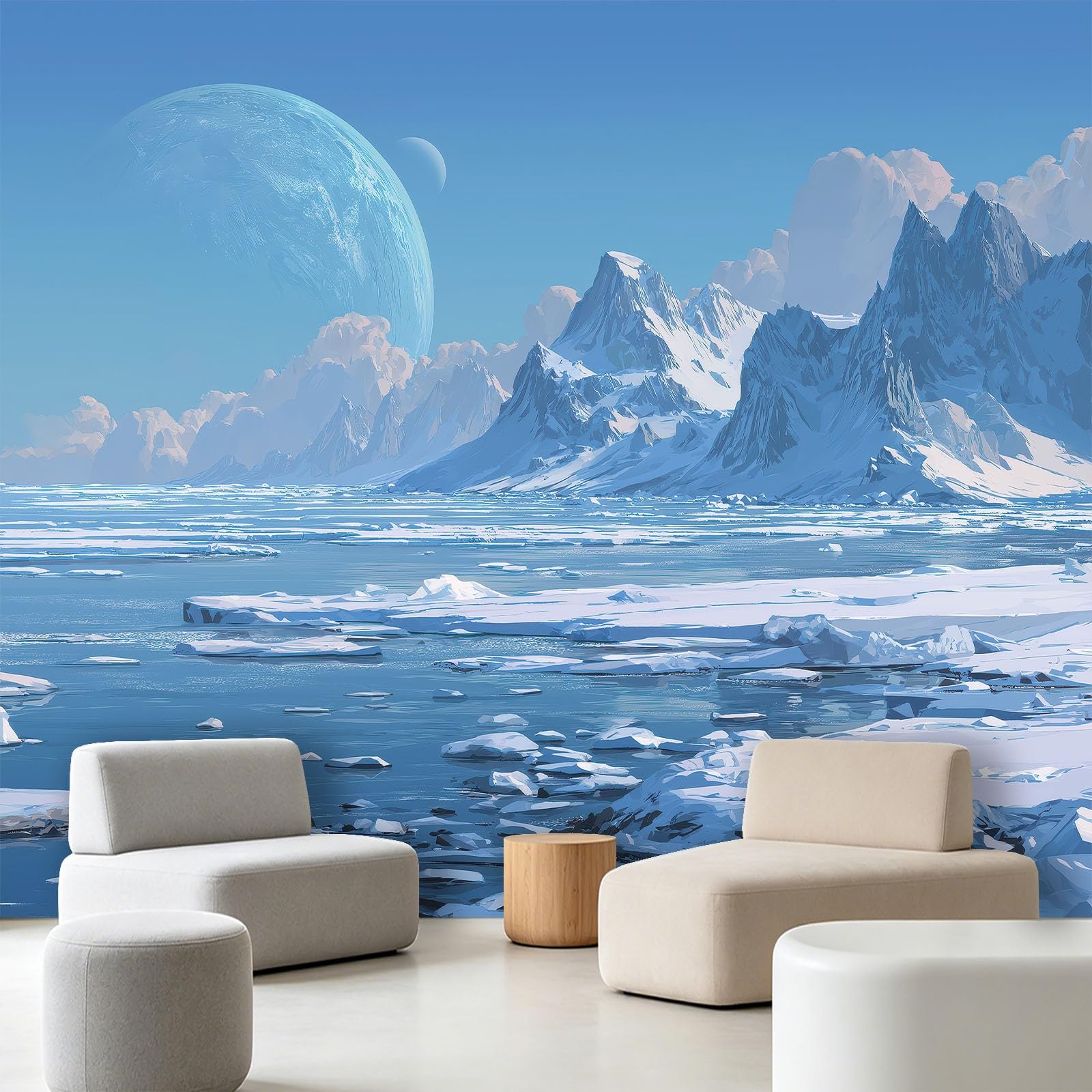 Panoramiczna tapeta z włókniny natura śnieżny krajobraz polar 200 x 140 cm - fototapeta dekoracja do salonu i sypialni, efekt 3D, śnieżna góra, lodowce, jeziora, niebo