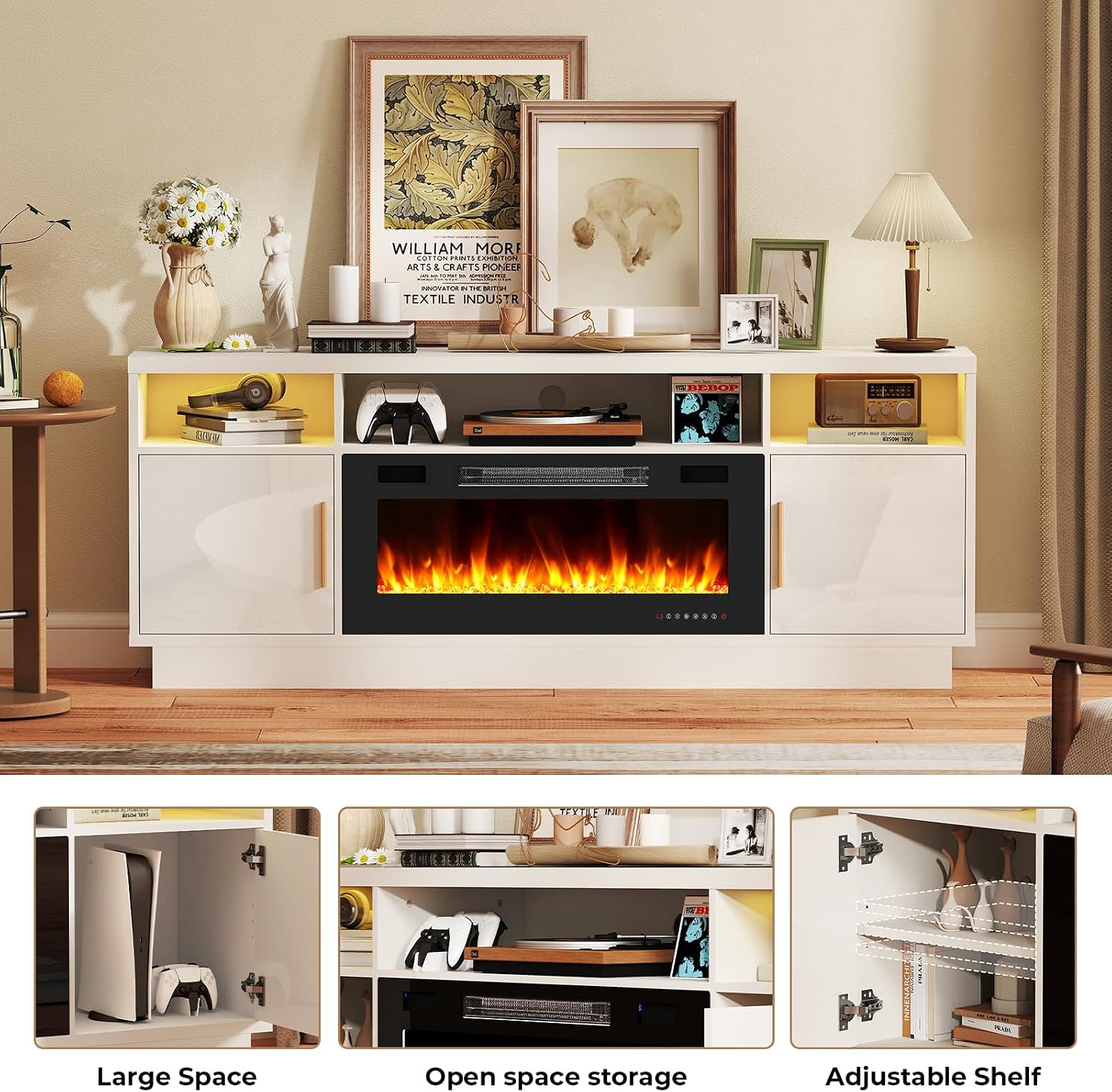 70" Fireplace TV Stand for TVs Up to 80" with 36" Electric Fireplace Heater LED Light Media Console Storage Cabinet, White Entertainment Center for Living Room