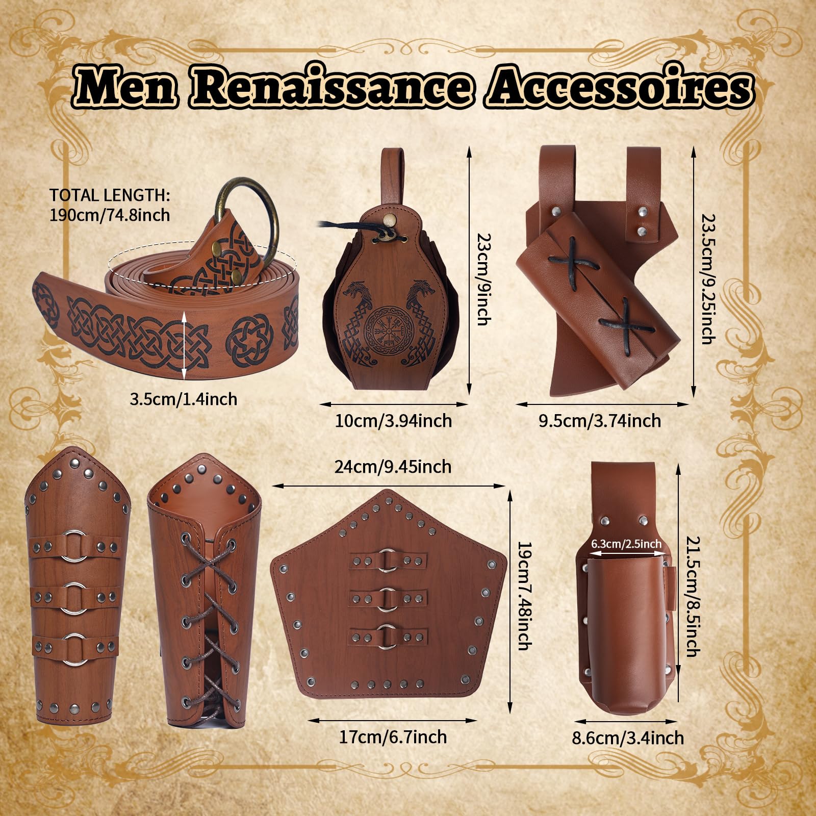 Cintura medievale per Halloween, accessori per abbigliamento vichingo, accessori per costume da cavaliere medievale, set di 6 per cosplay, mago, travestimento, Halloween